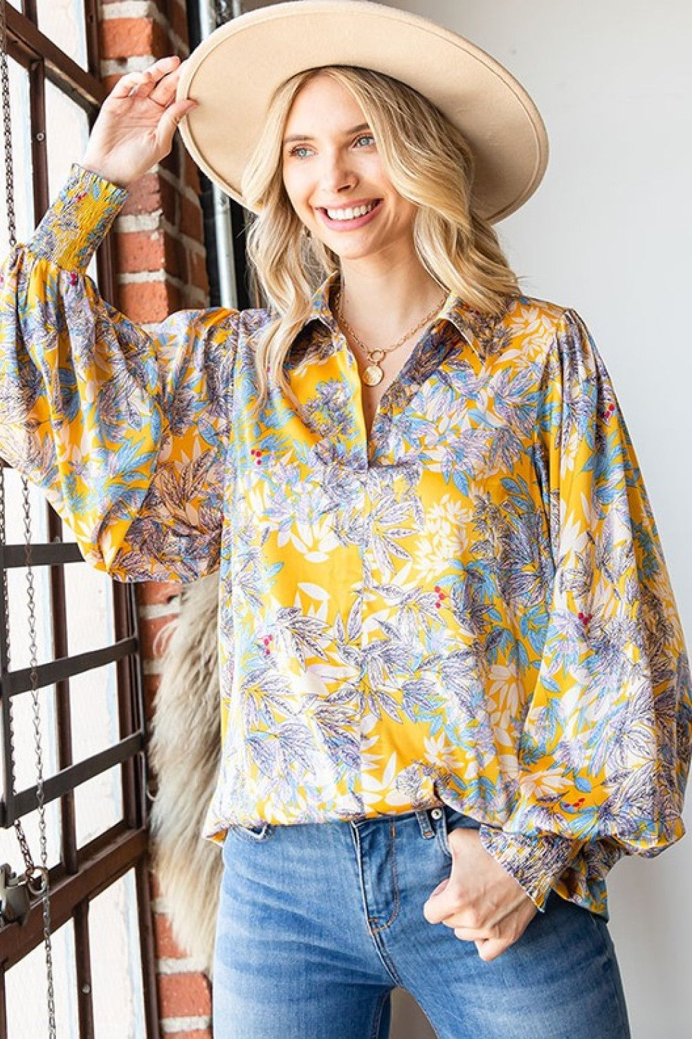 Lantern Sleeve Floral Blouse - Mustard yellow