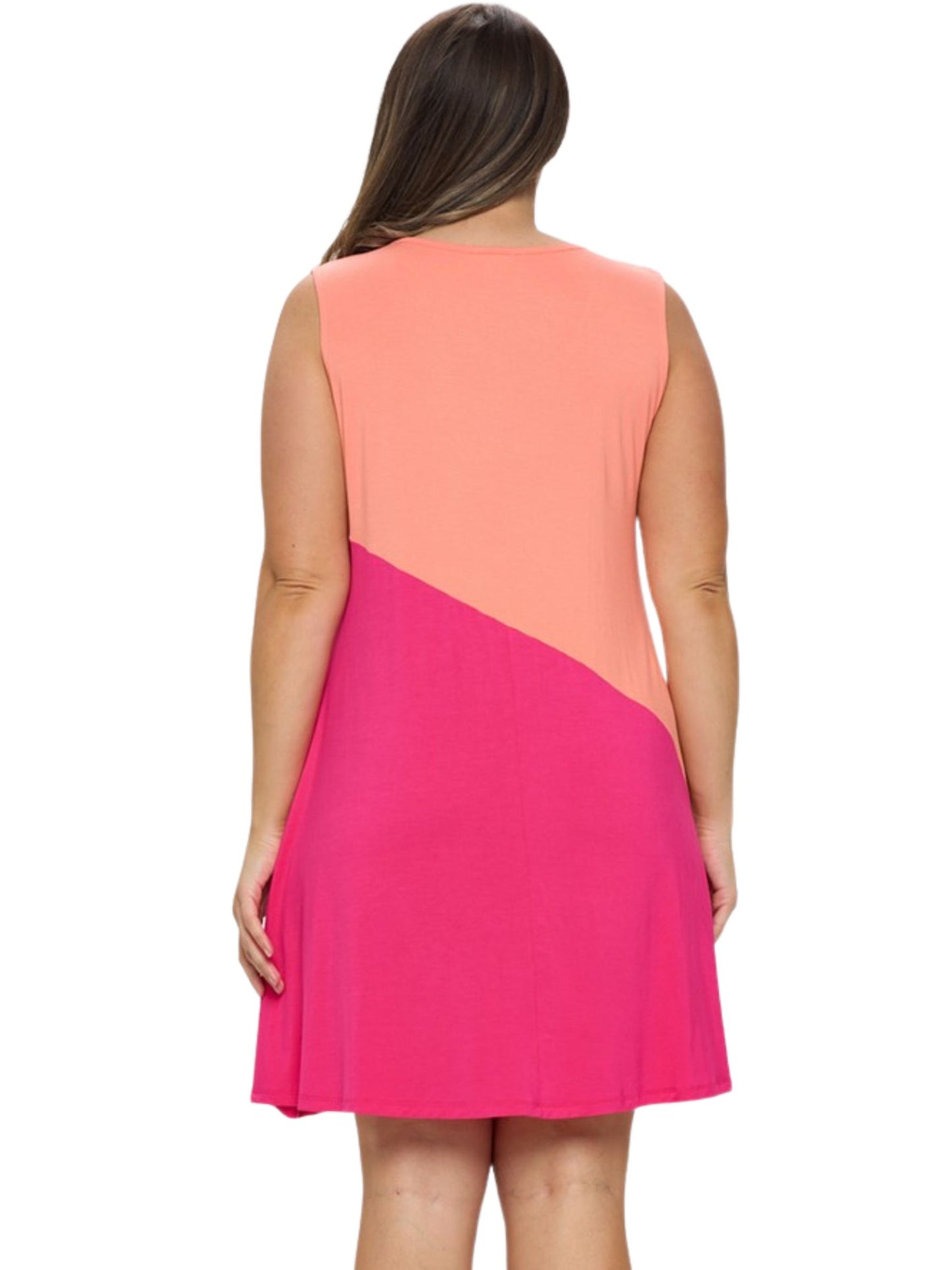Diagonal Colorblocked Dress - Peach/Fuchsia