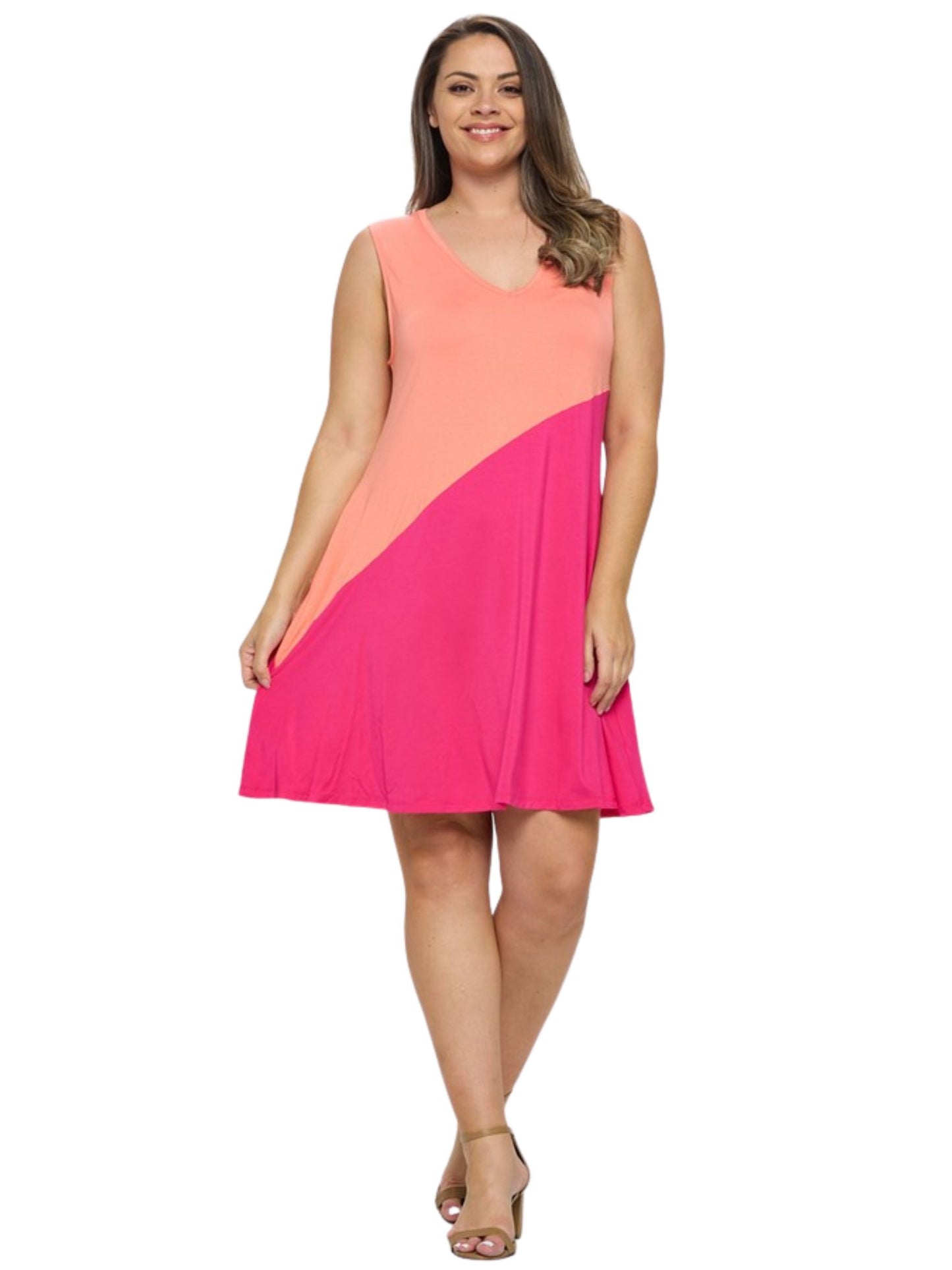 Diagonal Colorblocked Dress - Peach/Fuchsia