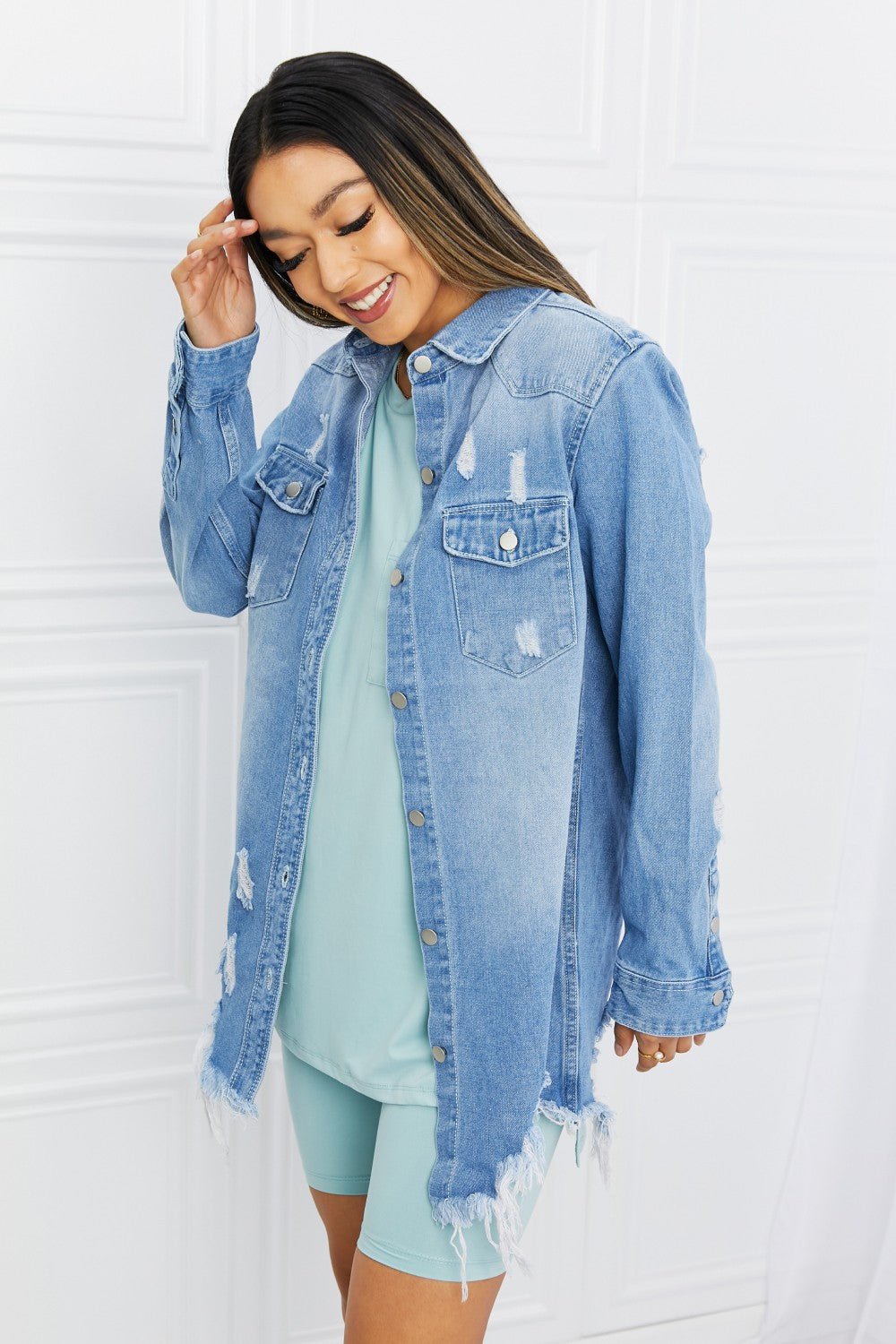 Distressed Hem Denim Jacket - Light Blue