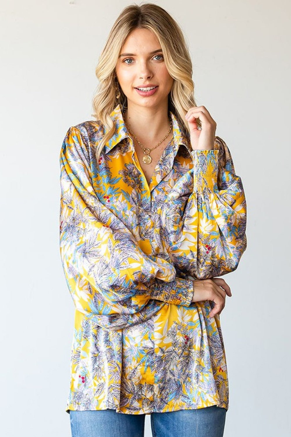 Lantern Sleeve Floral Blouse - Mustard yellow