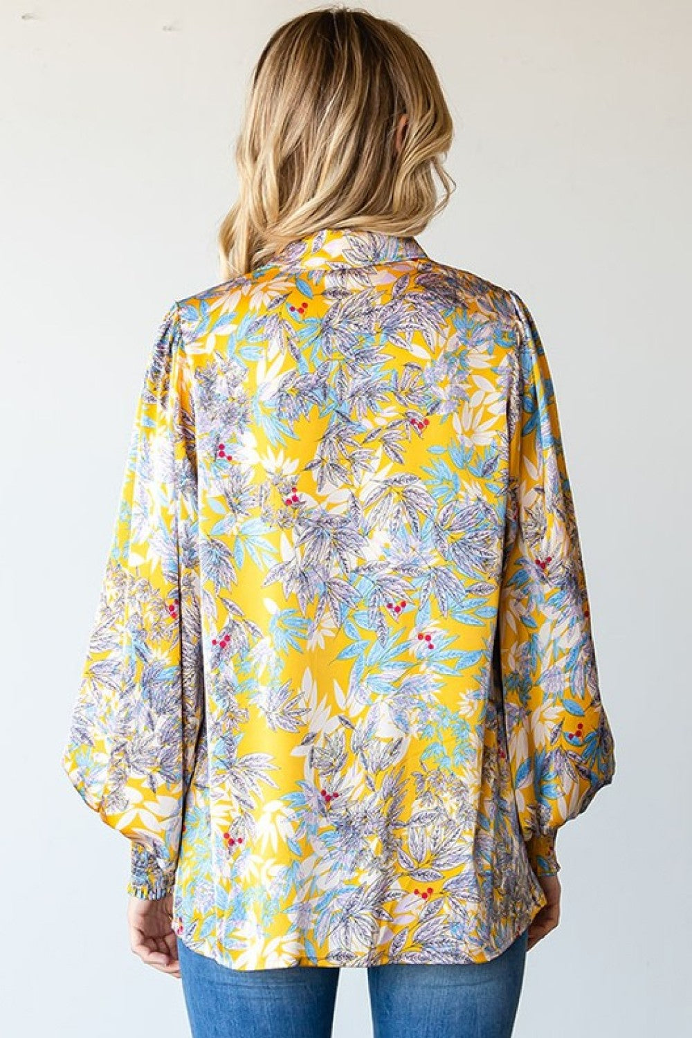 Lantern Sleeve Floral Blouse - Mustard yellow