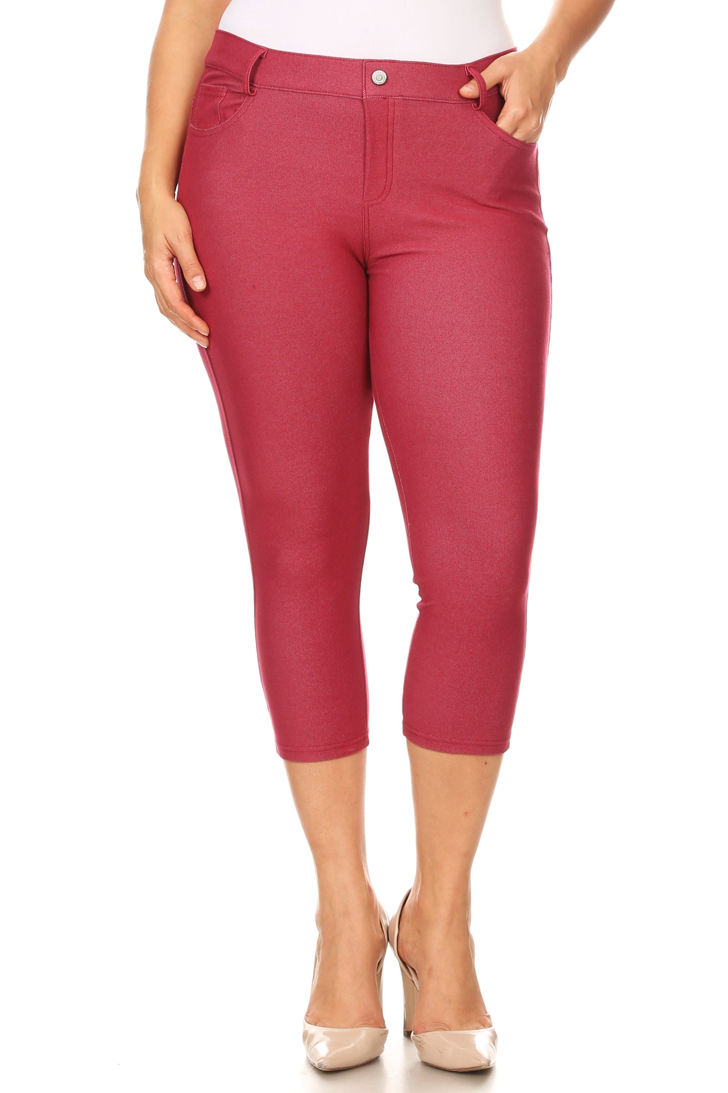 Double Take 5 Pocket Capri Jeggings - Burgundy