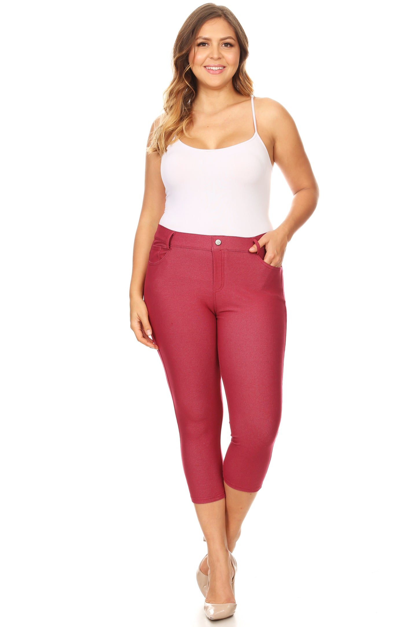 Double Take 5 Pocket Capri Jeggings - Burgundy