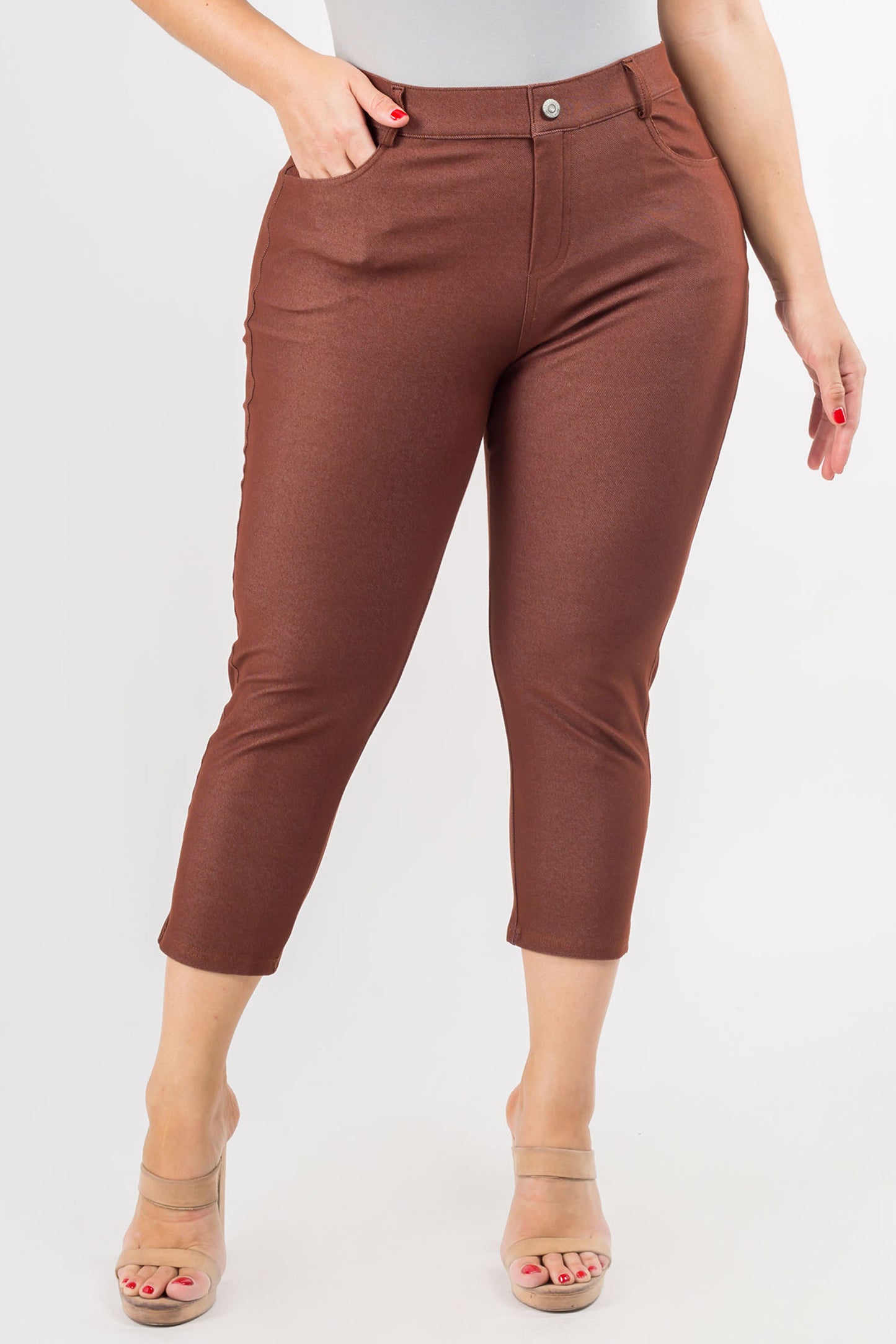 Double Take 5 Pocket Capri Jeggings - Coffee