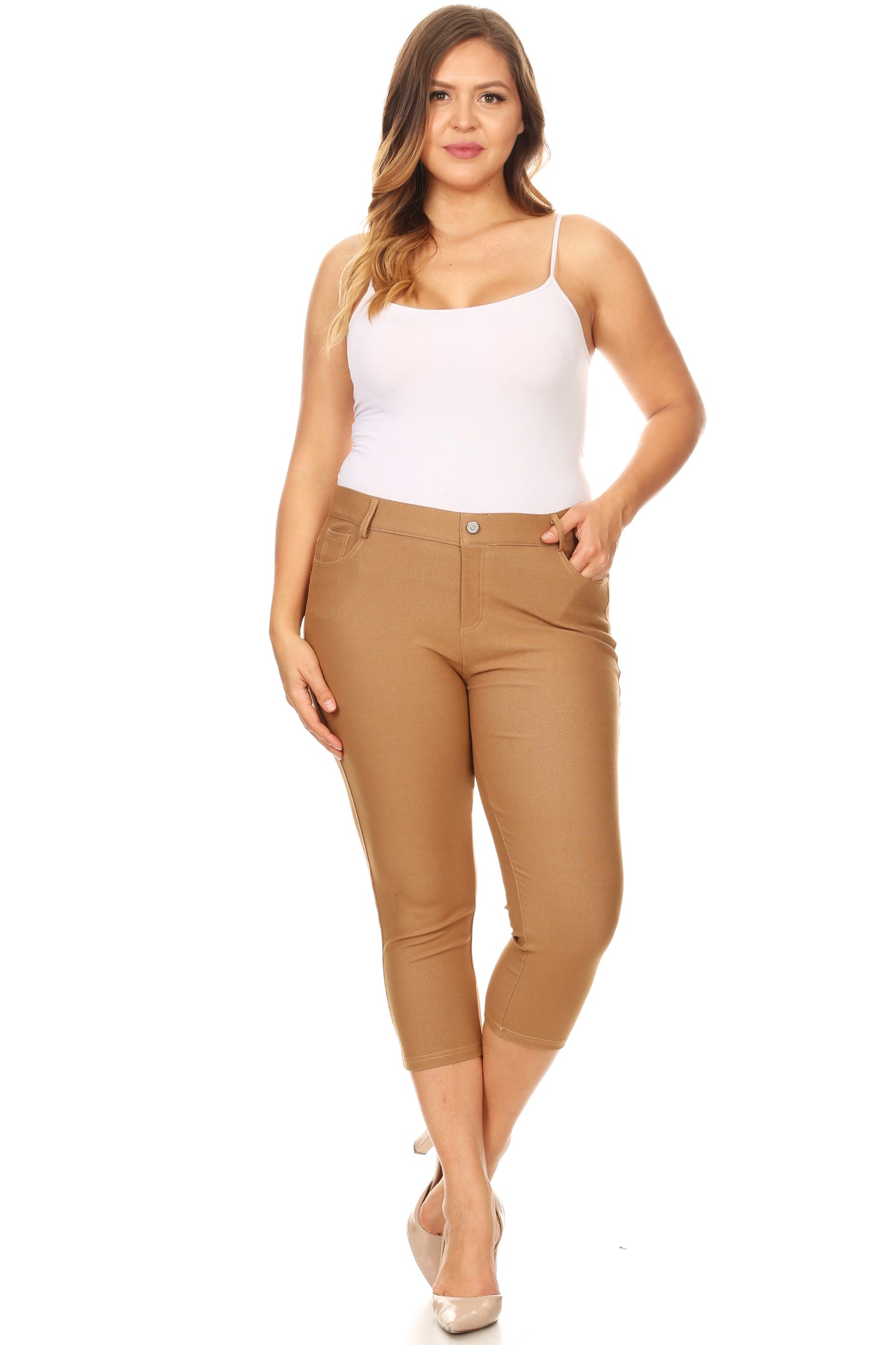 Double Take 5 Pocket Capri Jeggings - Khaki