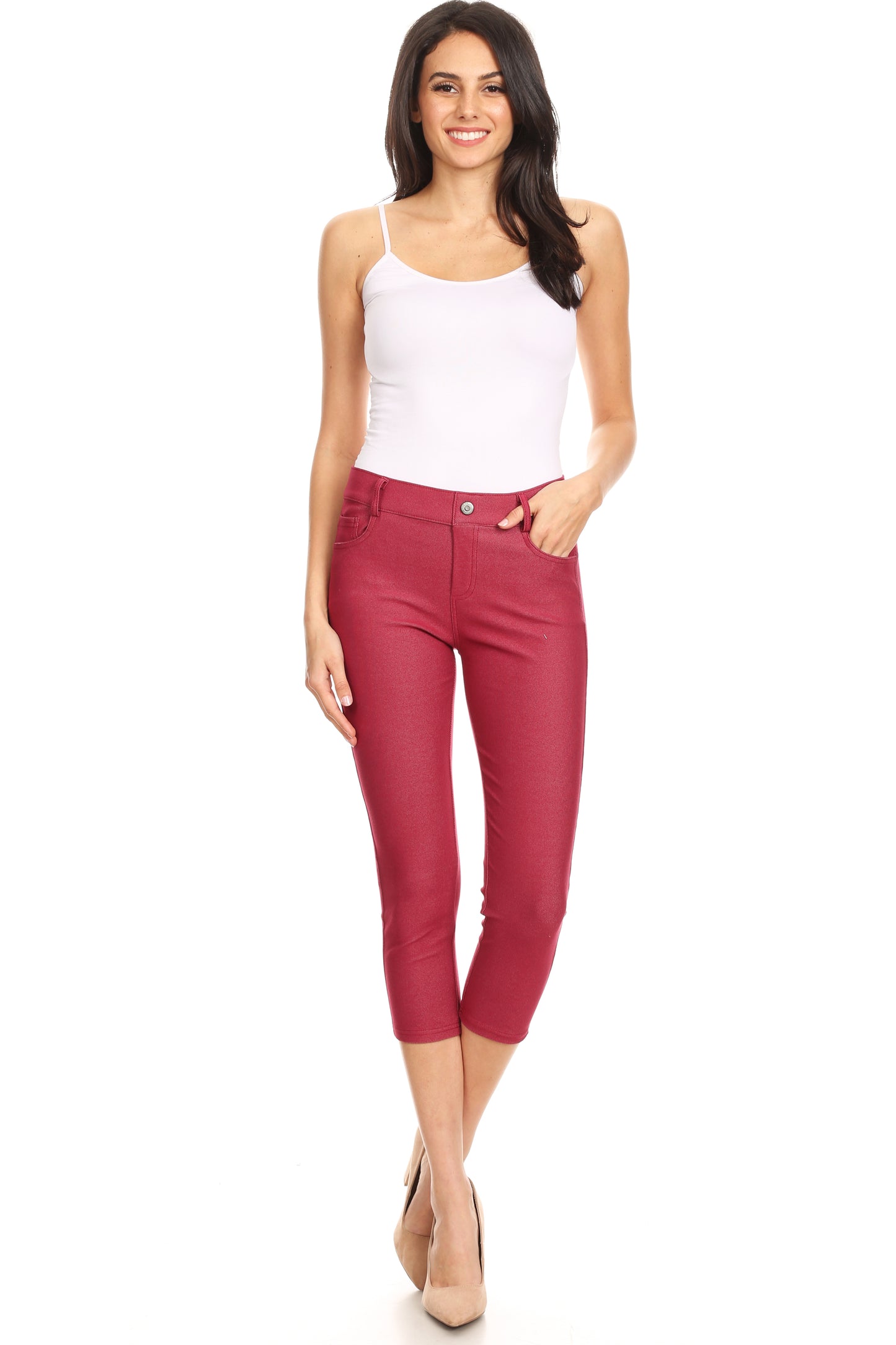 Double Take 5 Pocket Capri Jeggings - Burgundy