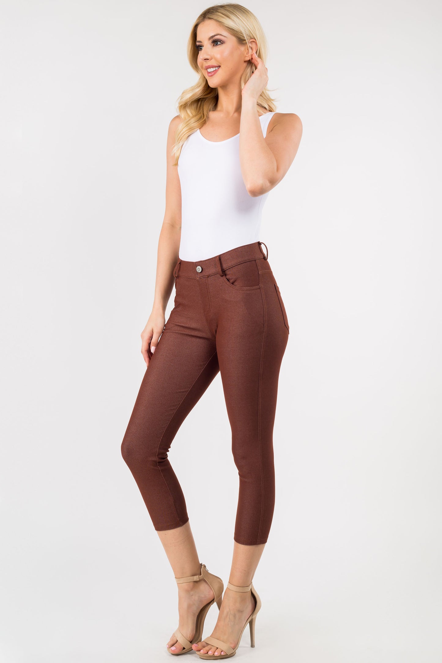 Double Take 5 Pocket Capri Jeggings - Coffee