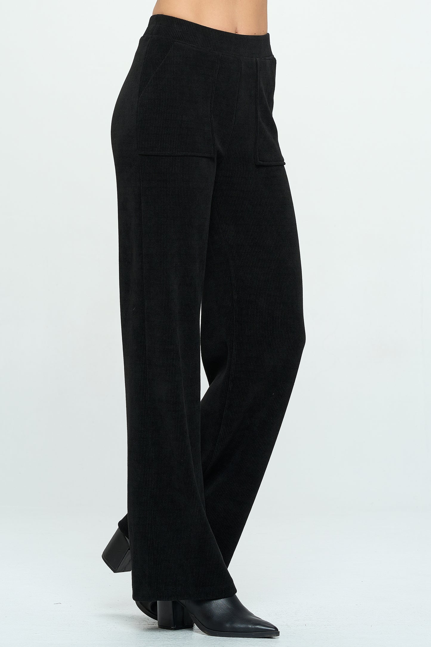 Patch Pocket Wide Leg Ribbed Corduroy Pants - Black