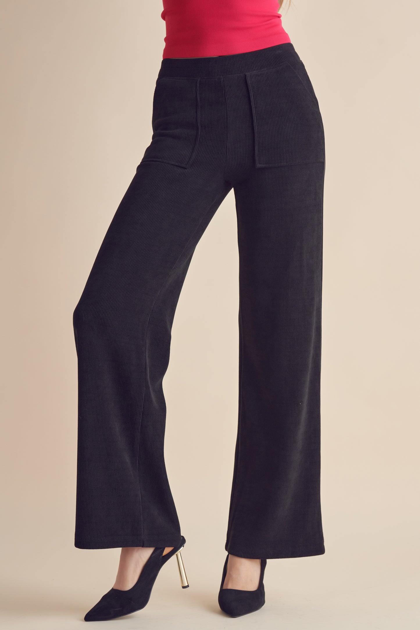 Patch Pocket Wide Leg Ribbed Corduroy Pants - Black