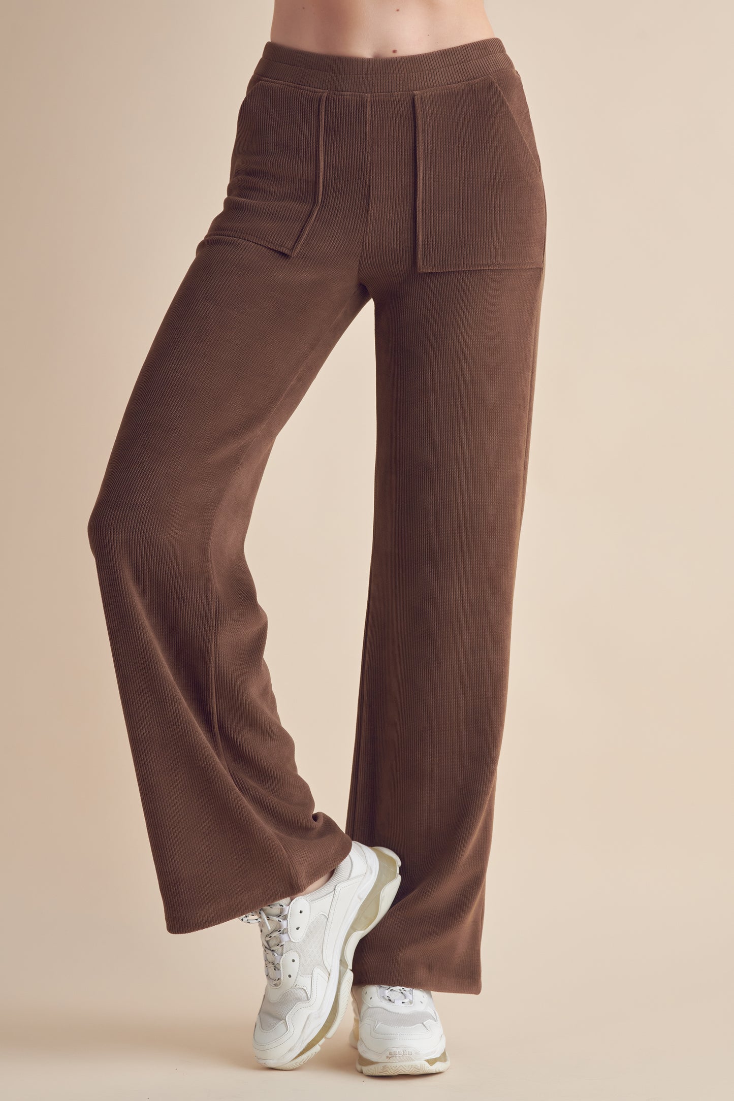 Patch Pocket Wide Leg Ribbed Corduroy Pants - Brown