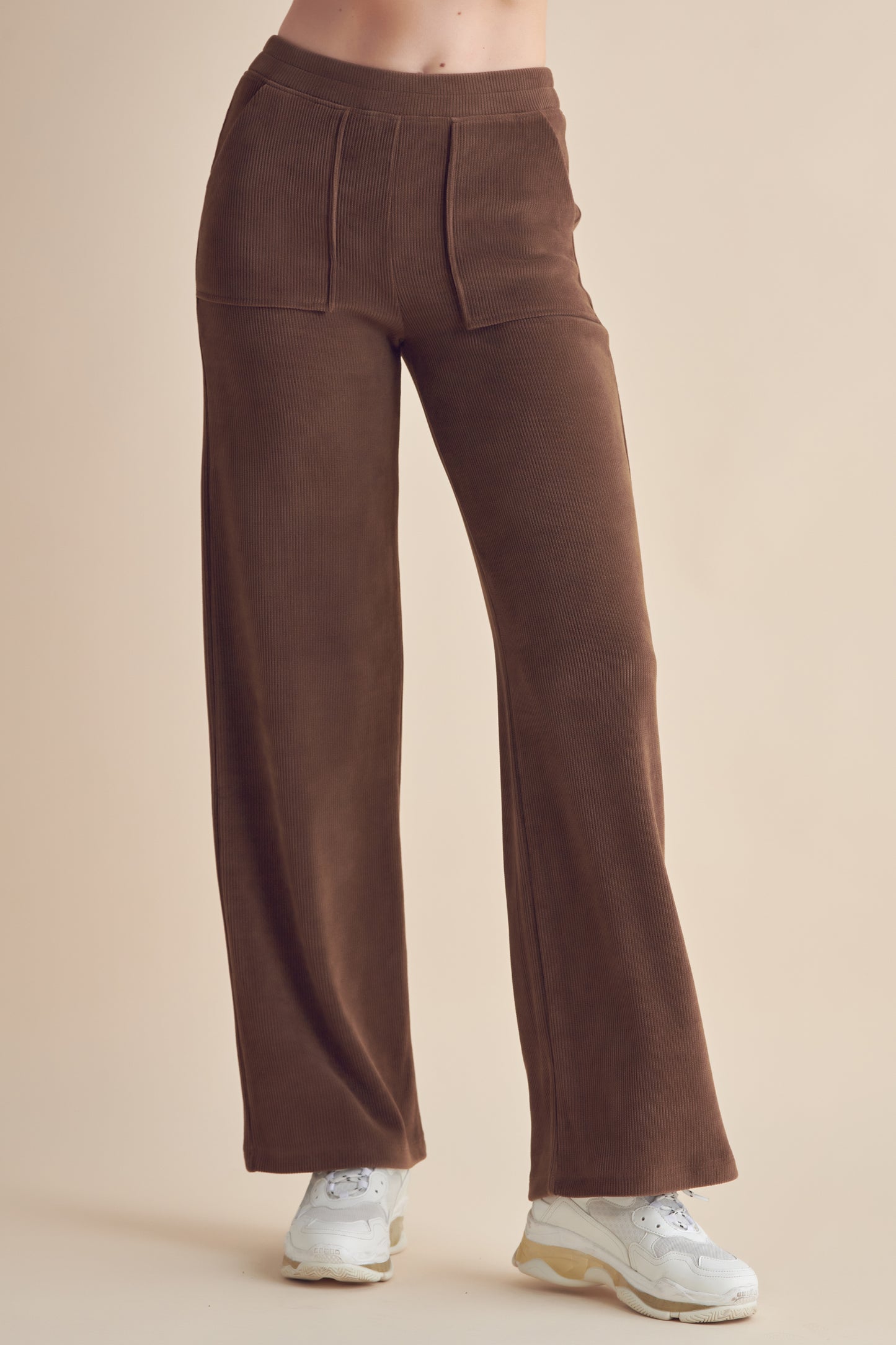 Patch Pocket Wide Leg Ribbed Corduroy Pants - Brown