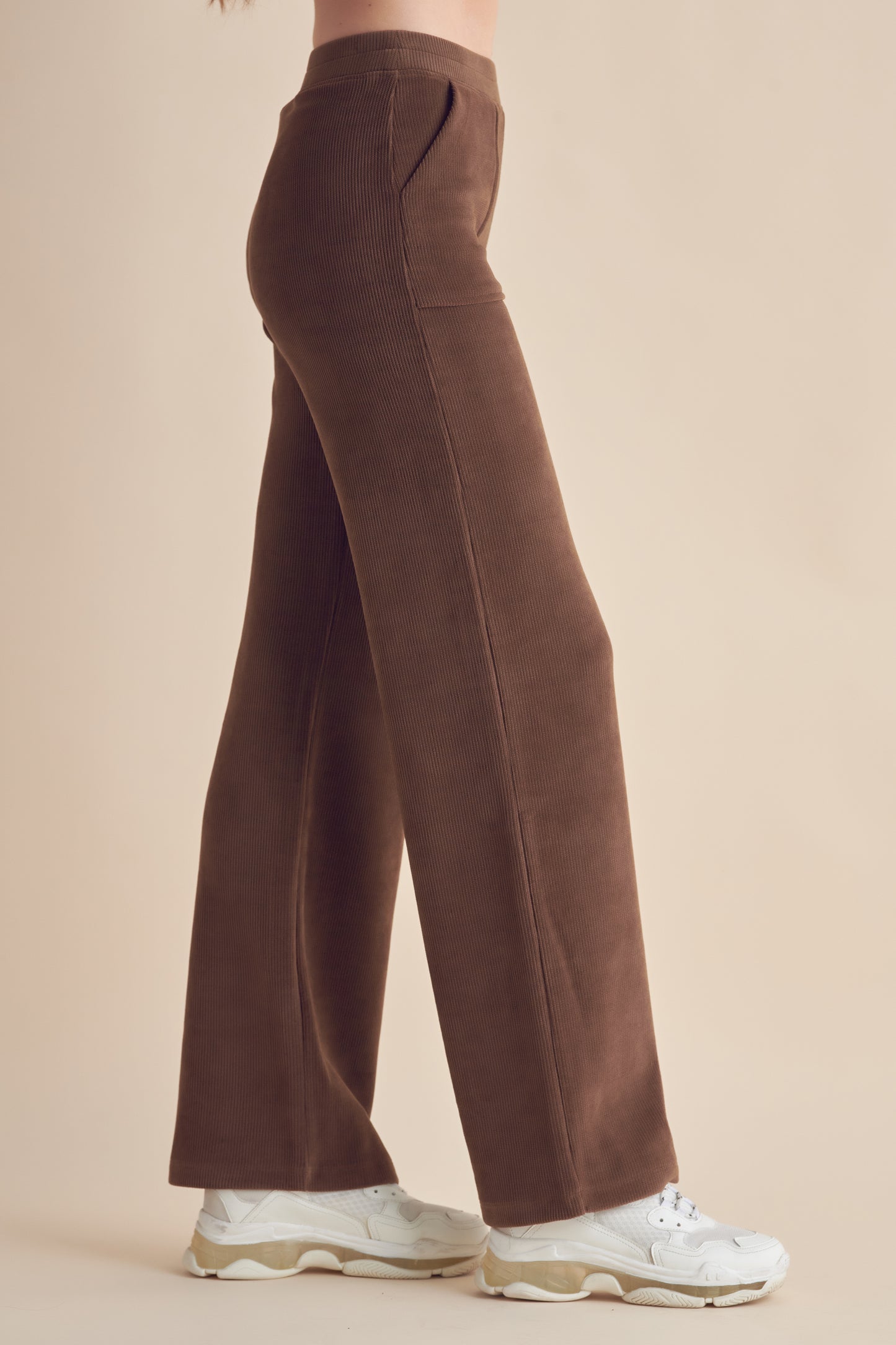 Patch Pocket Wide Leg Ribbed Corduroy Pants - Brown
