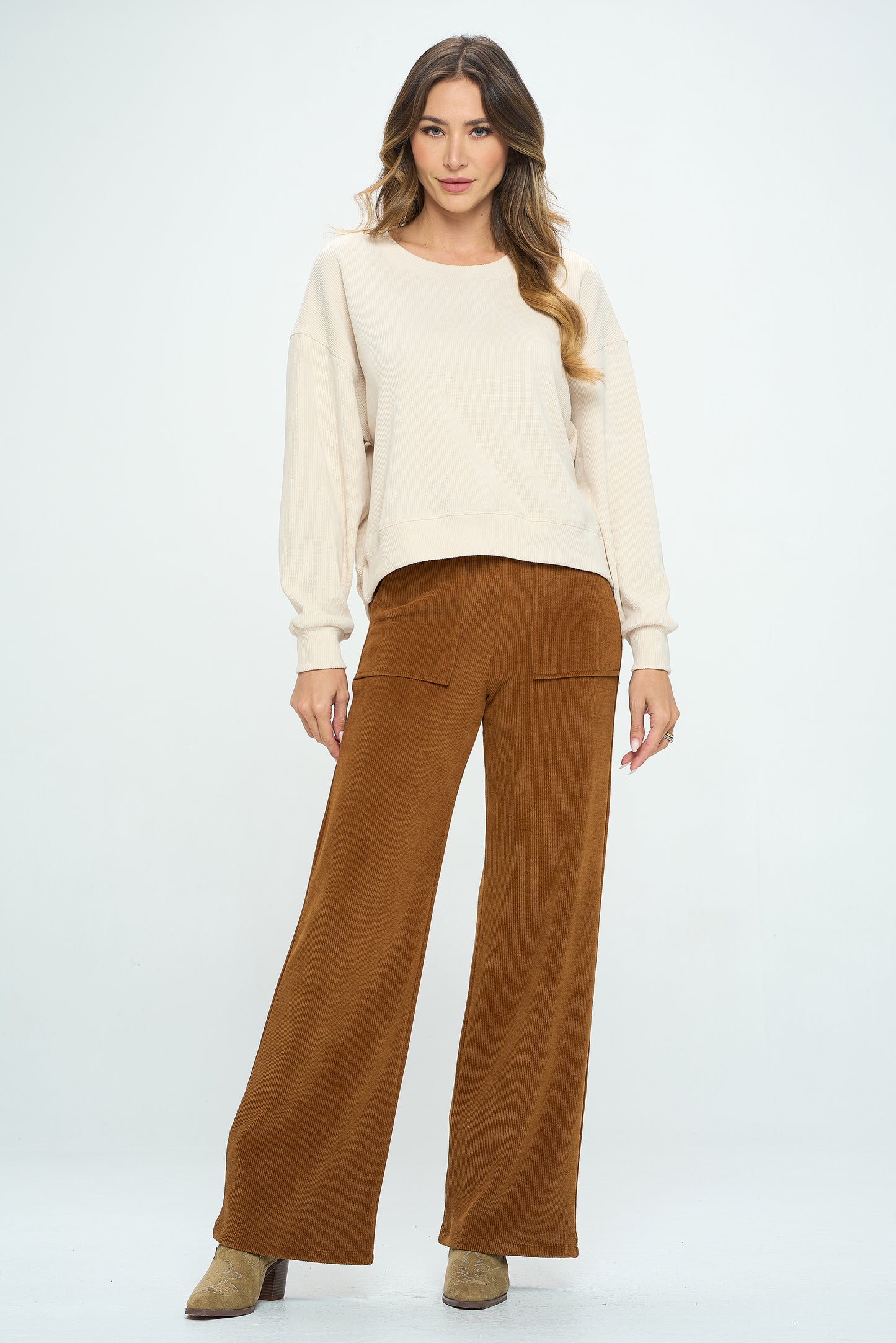 Patch Pocket Wide Leg Ribbed Corduroy Pants - Copper