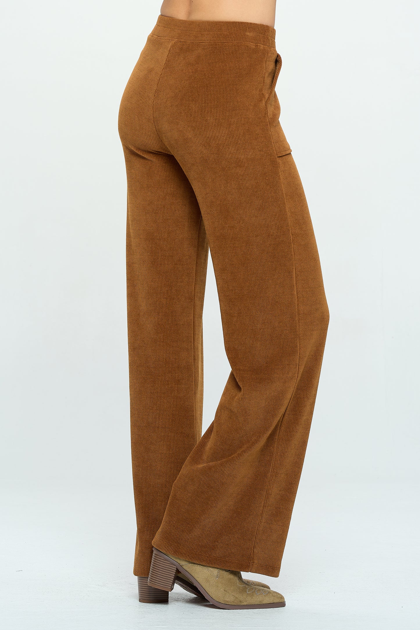 Patch Pocket Wide Leg Ribbed Corduroy Pants - Copper