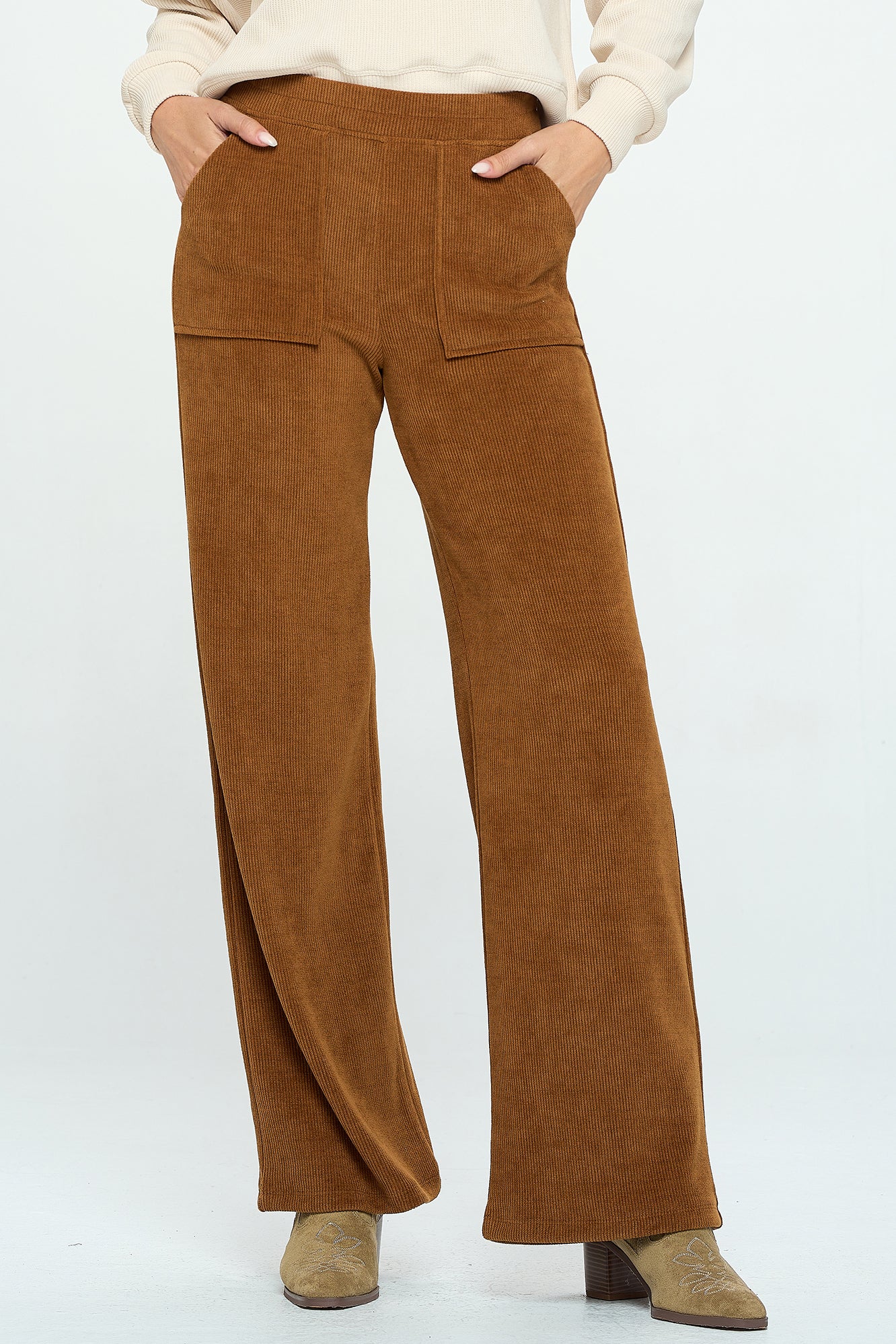 Patch Pocket Wide Leg Ribbed Corduroy Pants - Copper