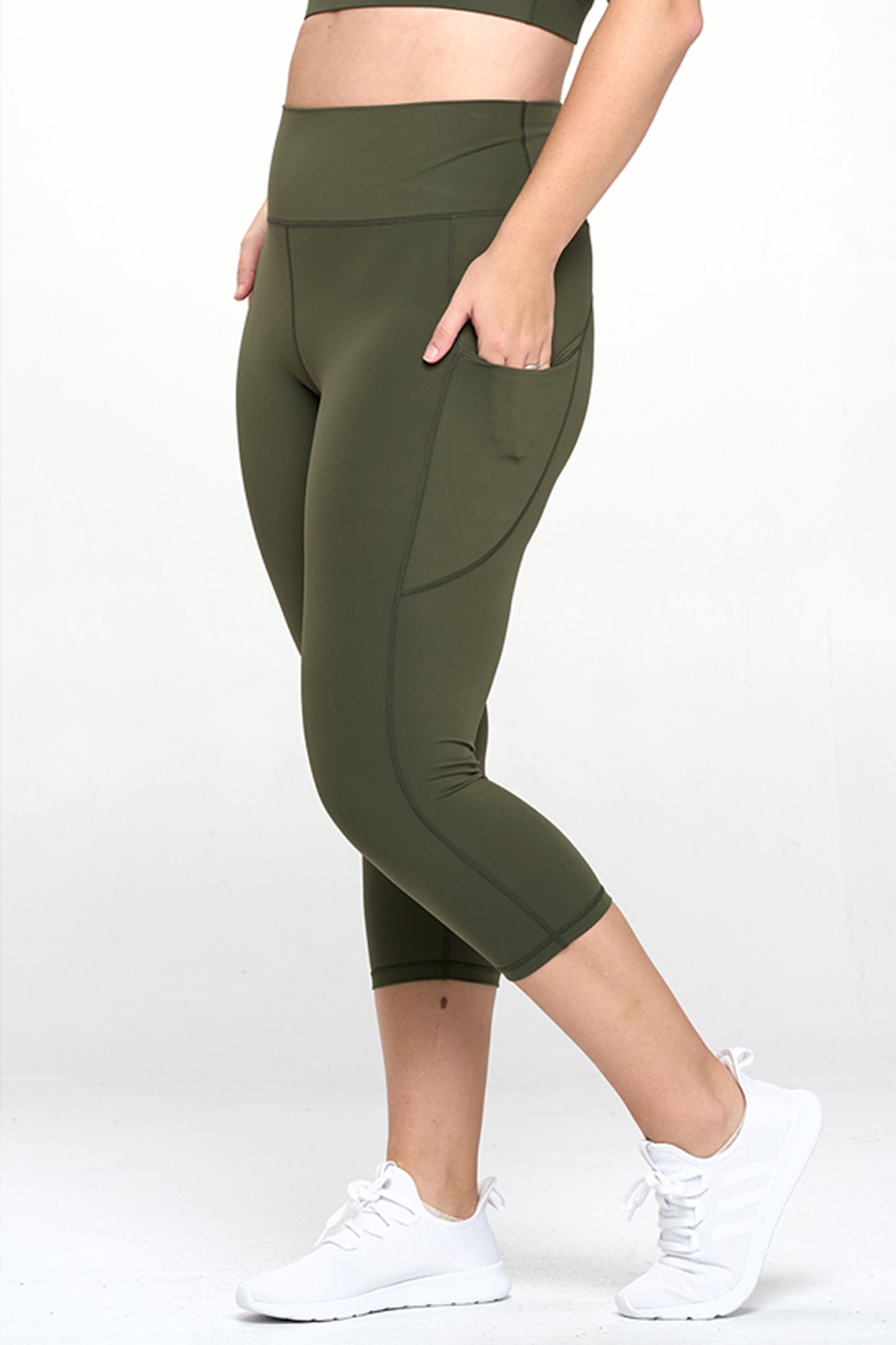 Buttery Soft High Waisted Capri Leggings with Pockets - Army Green