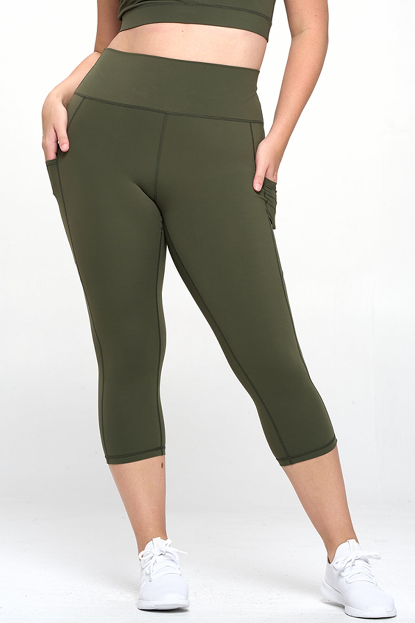 Buttery Soft High Waisted Capri Leggings with Pockets - Army Green