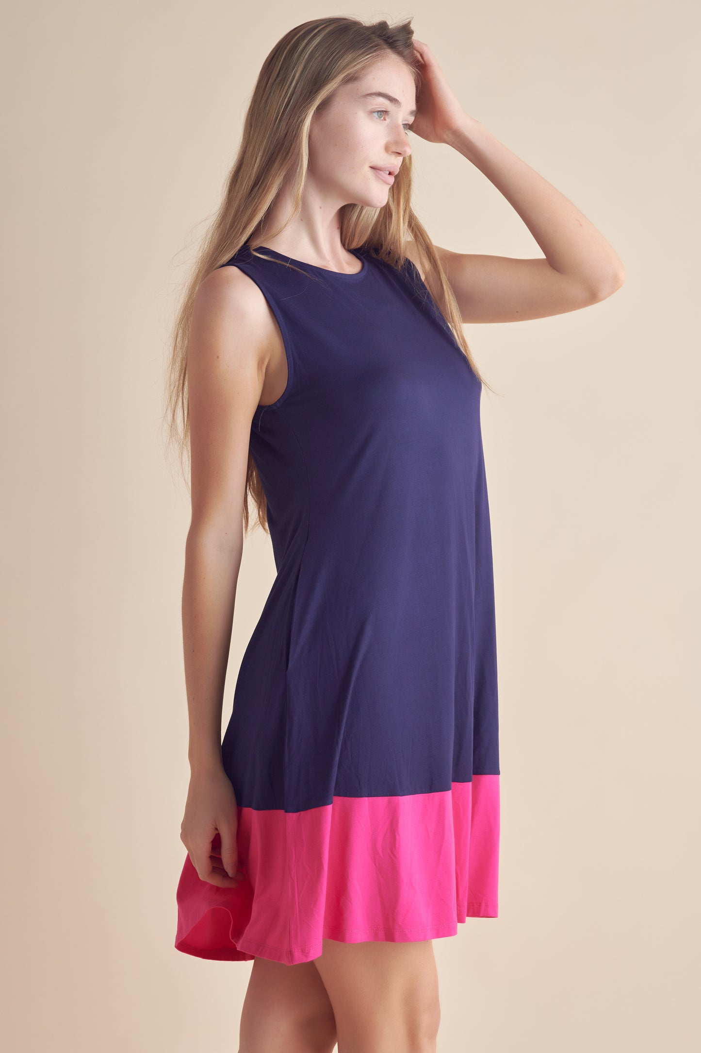 Colorblocked Hem Tank Dress - Navy/Fuchsia