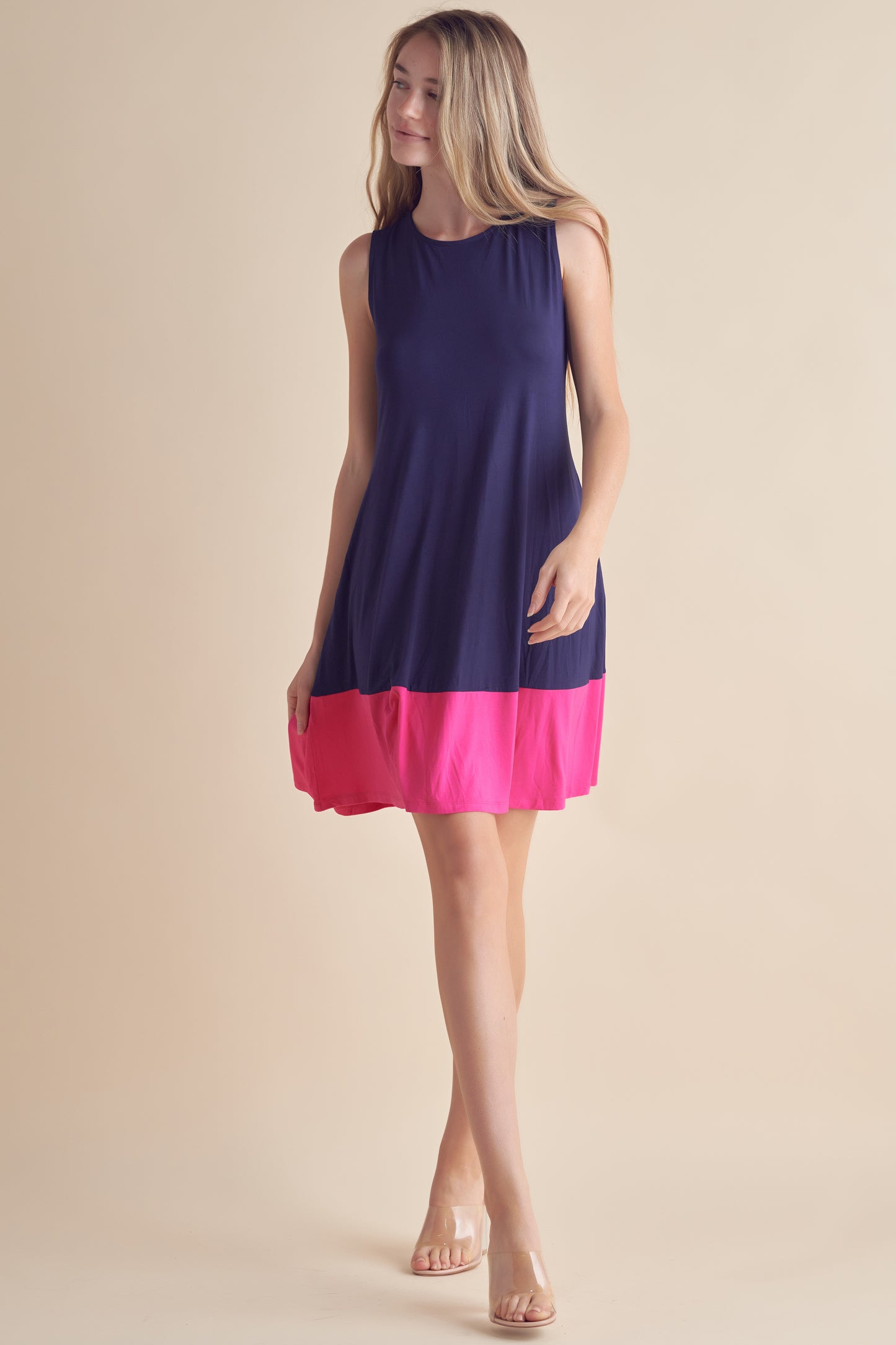 Colorblocked Hem Tank Dress - Navy/Fuchsia