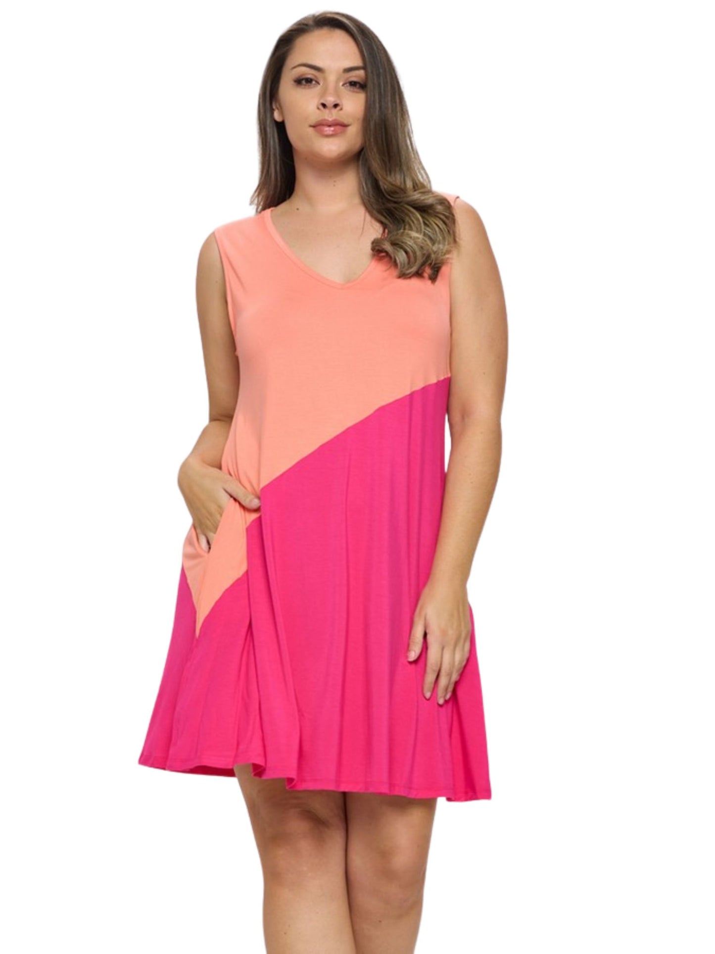 Diagonal Colorblocked Dress - Peach/Fuchsia