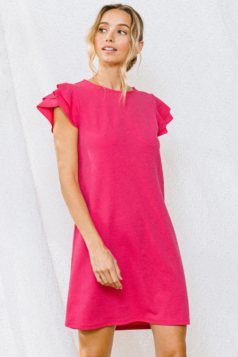 hot pink shift dress with sleeves So Joyous Pleated Shift Dress In Hot Pink