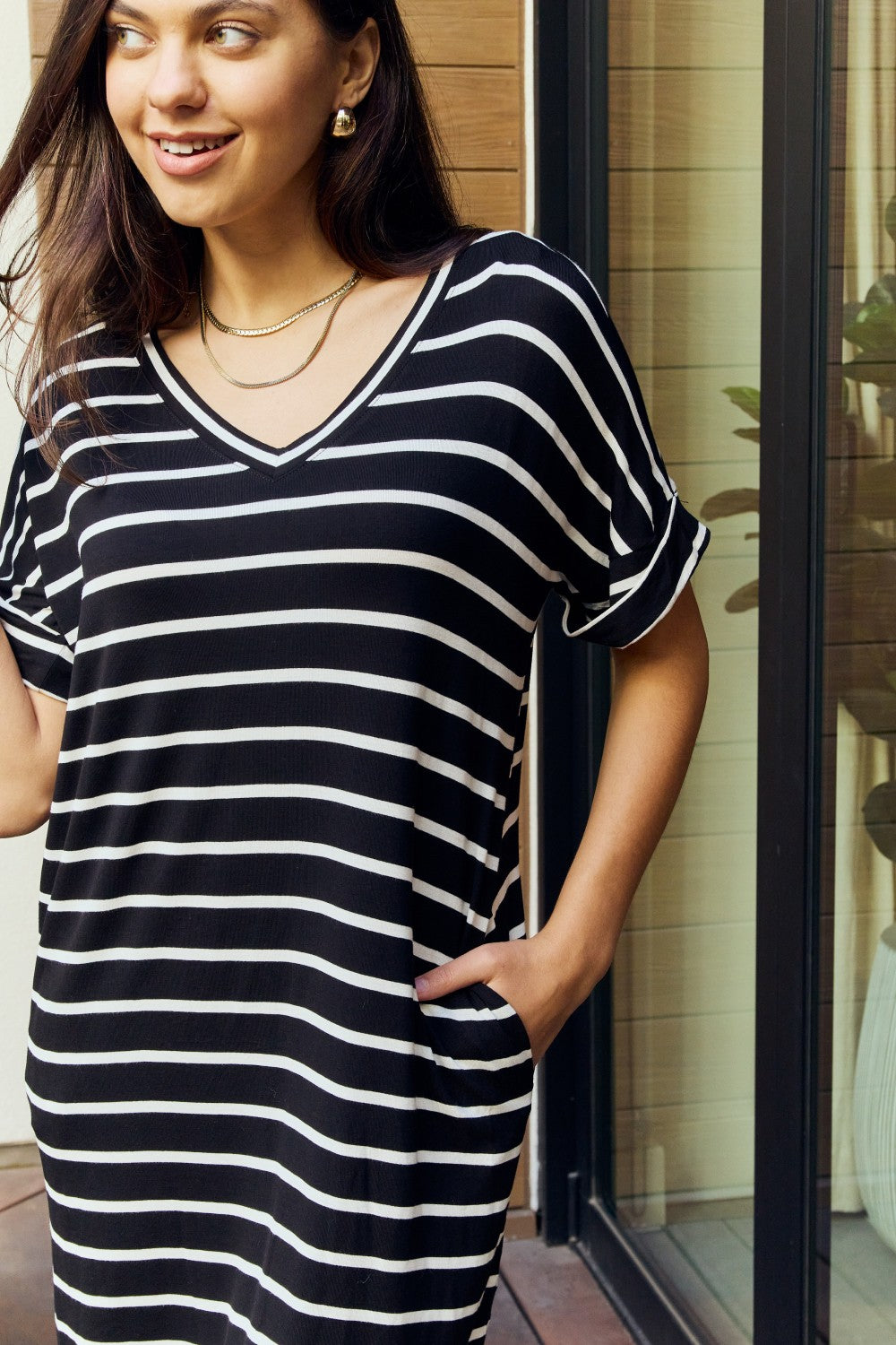 Striped V-Neck Dress with Pockets - Black/Ivory
