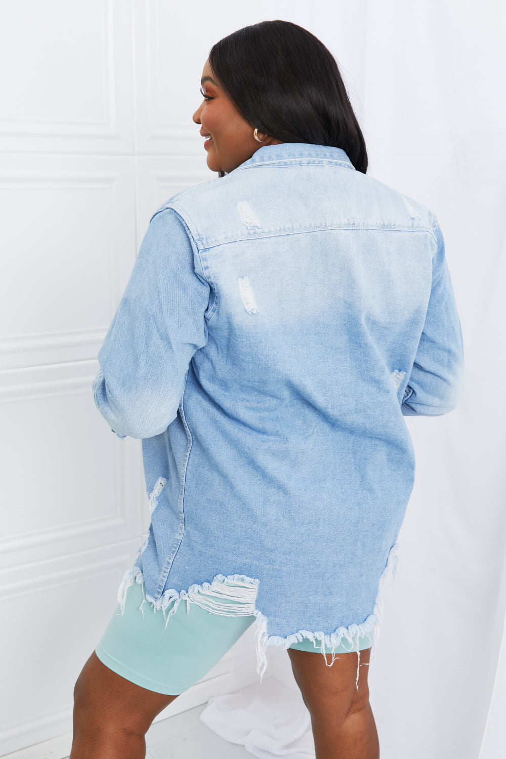 Distressed Hem Denim Jacket - Light Blue