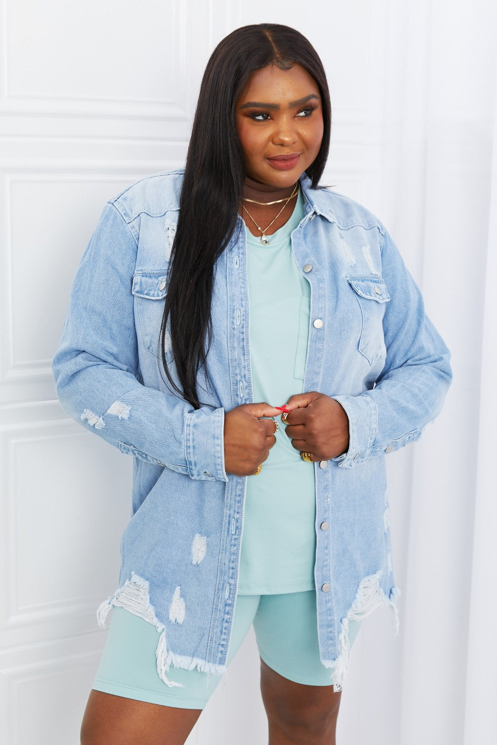 Distressed Hem Denim Jacket - Light Blue