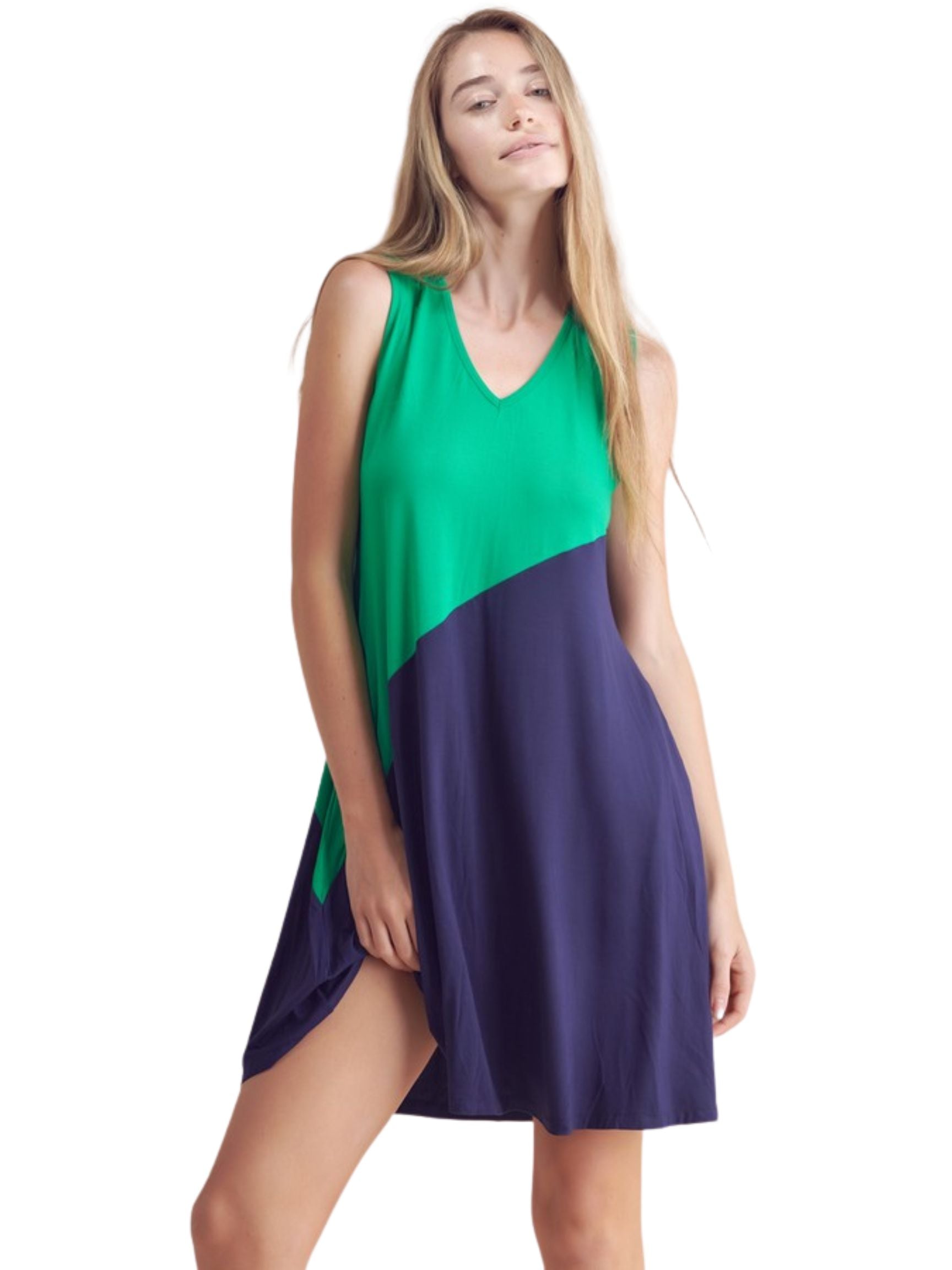 Diagonal Colorblocked Dress - Green/Navy