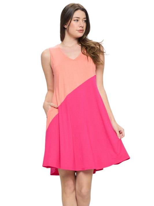 Diagonal Colorblocked Dress - Peach/Fuchsia