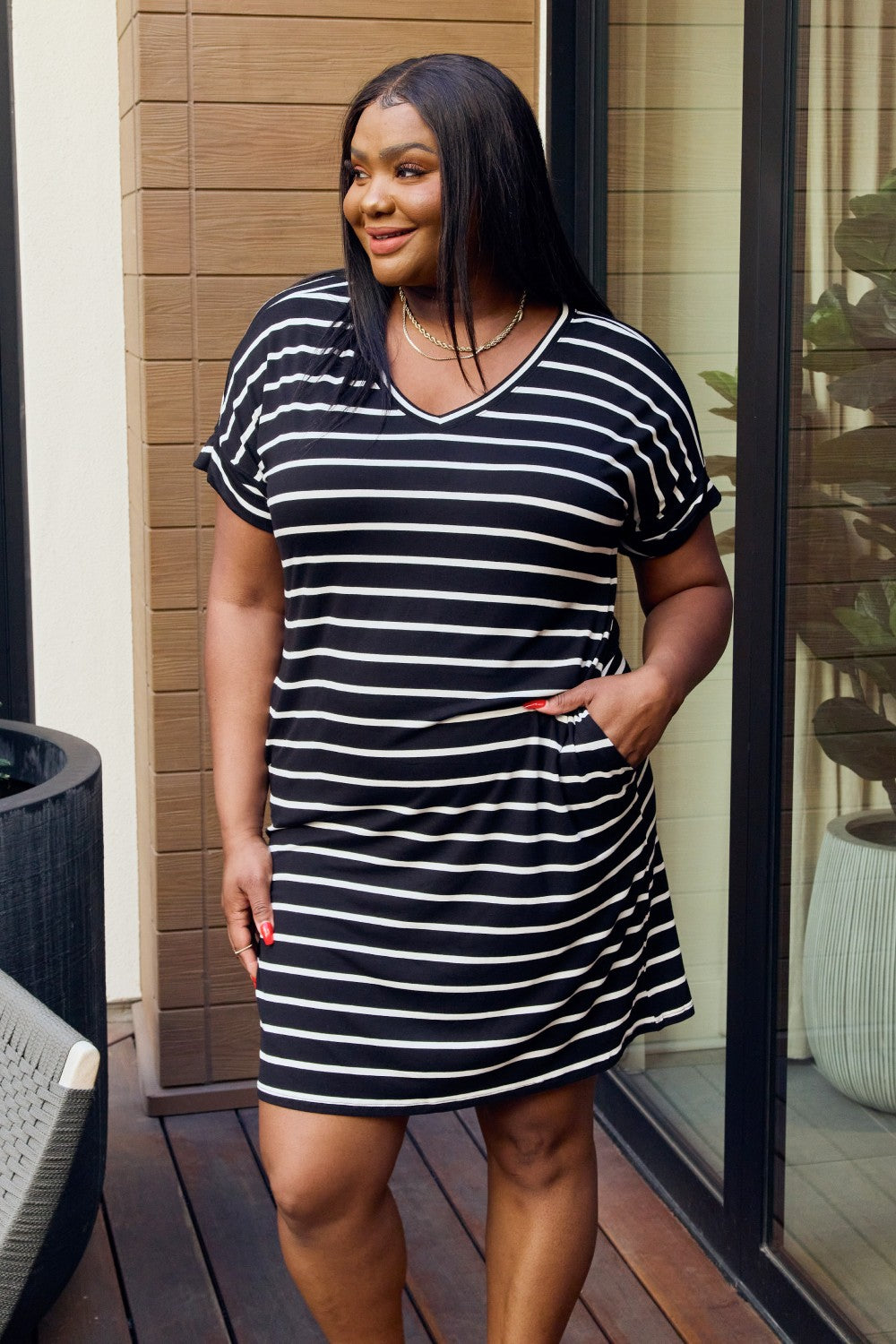 Striped V-Neck Dress with Pockets - Black/Ivory