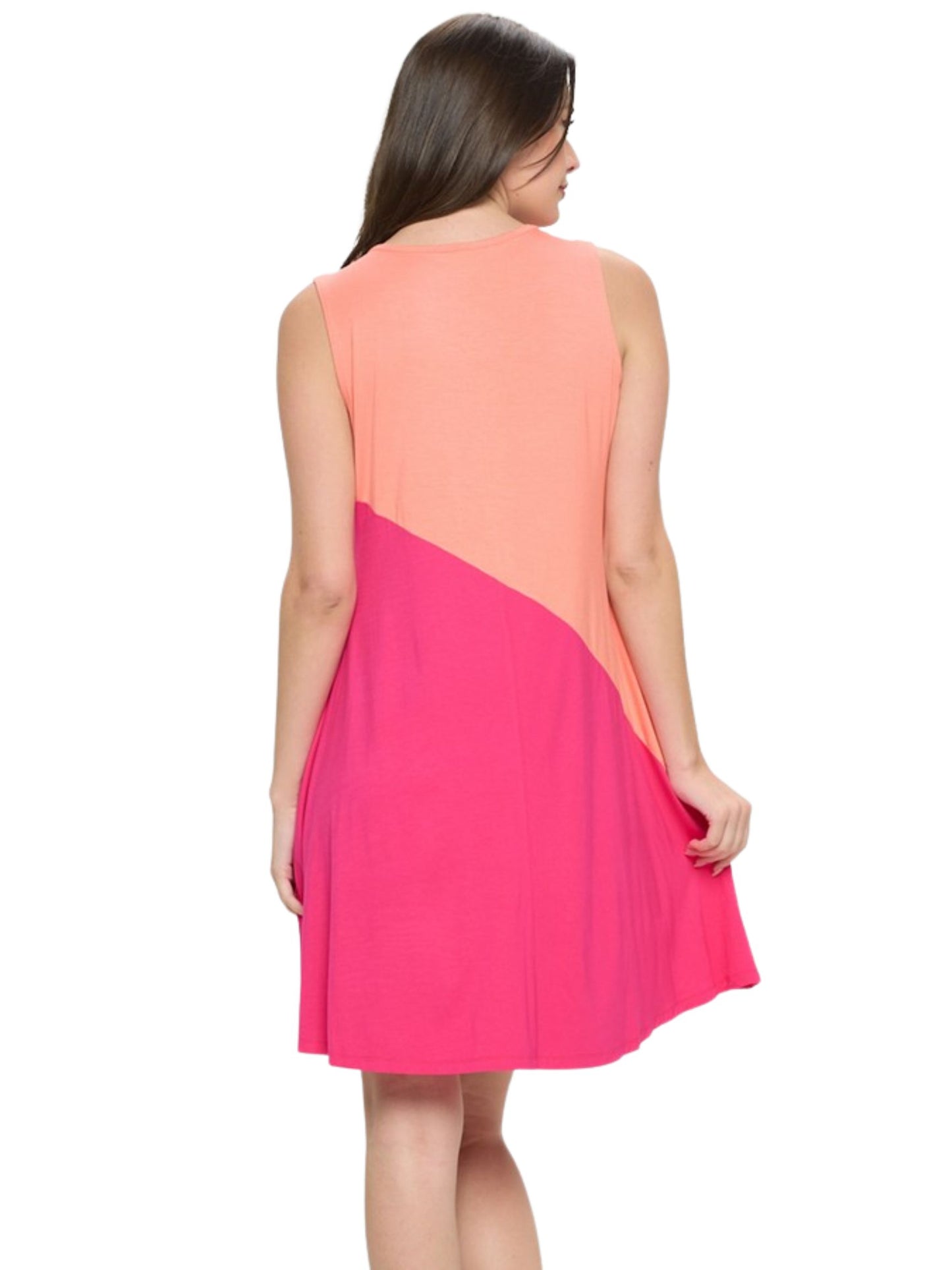 Diagonal Colorblocked Dress - Peach/Fuchsia