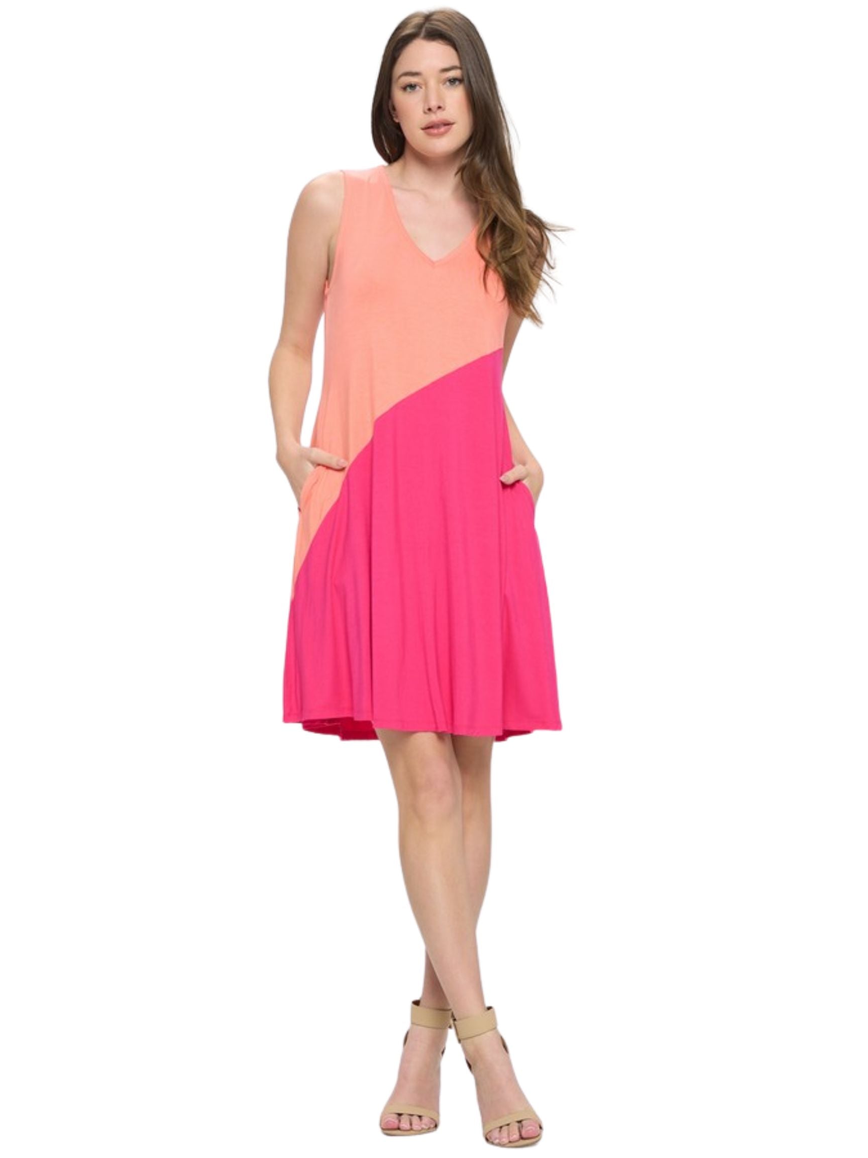 Diagonal Colorblocked Dress - Peach/Fuchsia