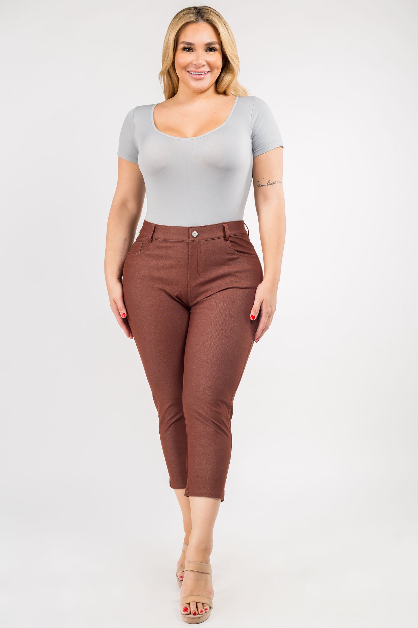 Double Take 5 Pocket Capri Jeggings - Coffee