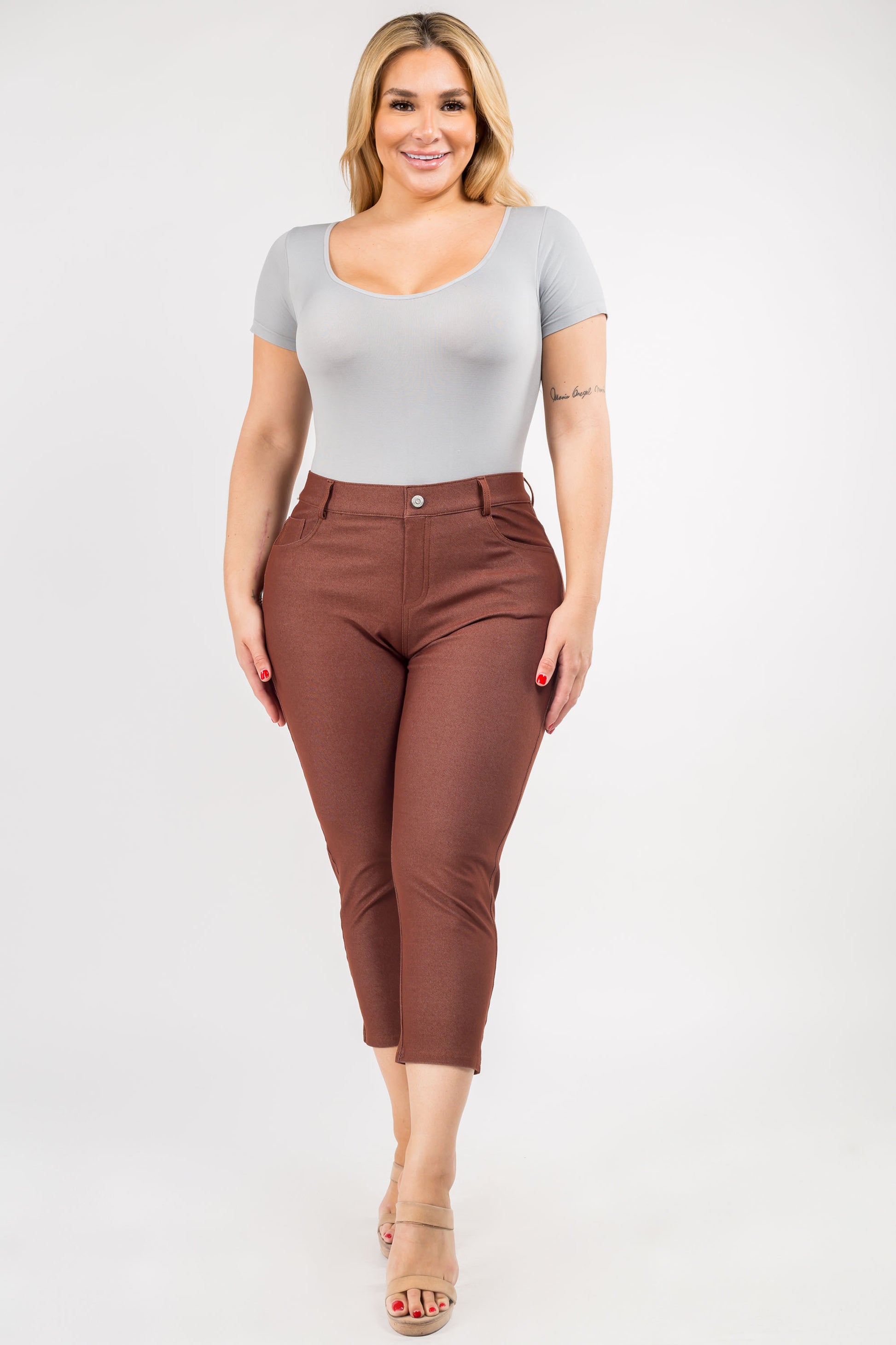 Double Take 5 Pocket Capri Jeggings - Coffee