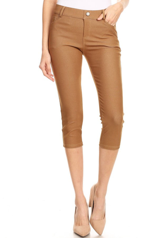 Double Take 5 Pocket Capri Jeggings - Khaki