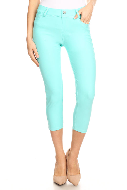 Double Take 5 Pocket Capri Jeggings - Turquoise