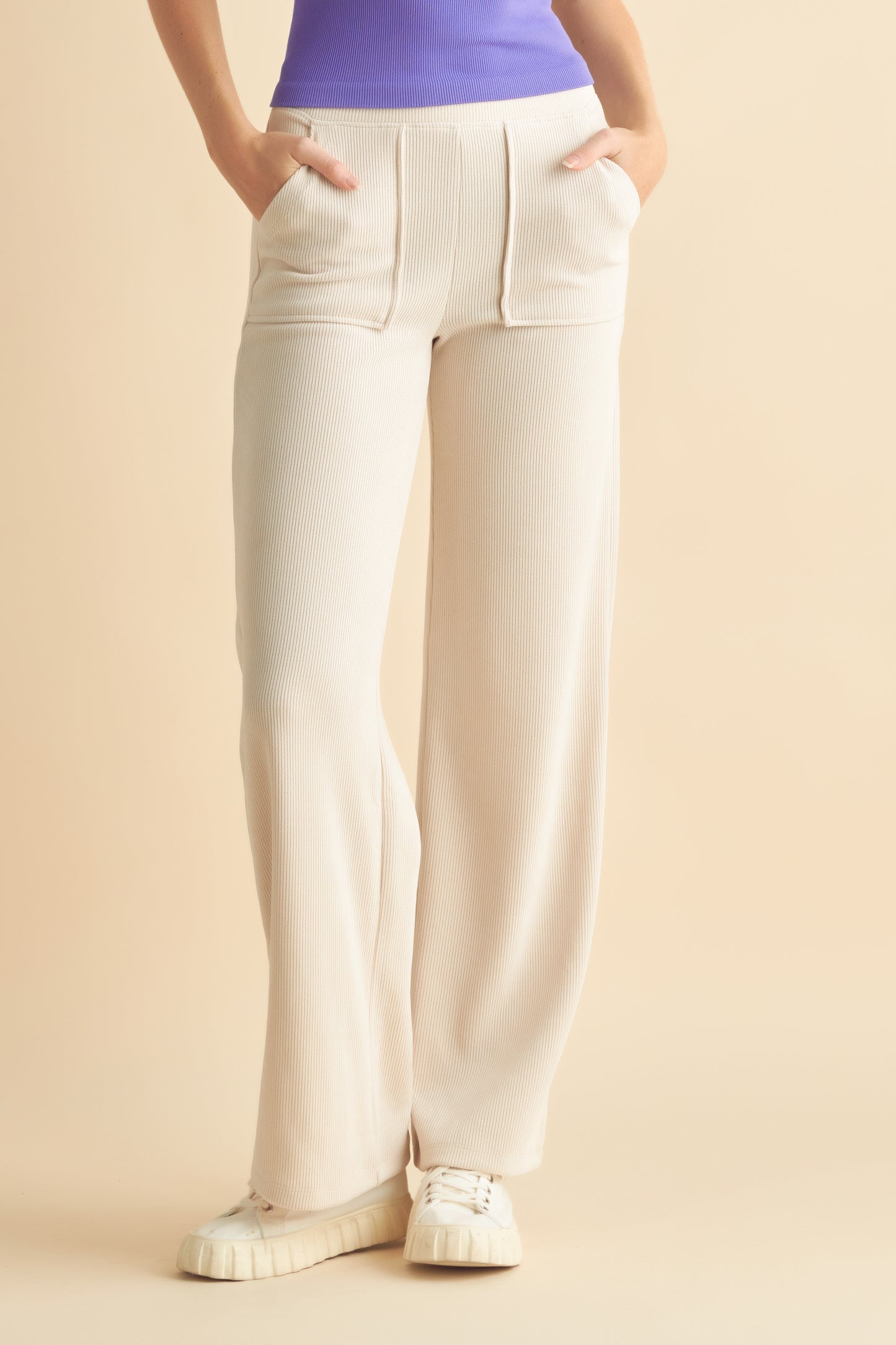 Patch Pocket Wide Leg Ribbed Corduroy Pants - Ivory