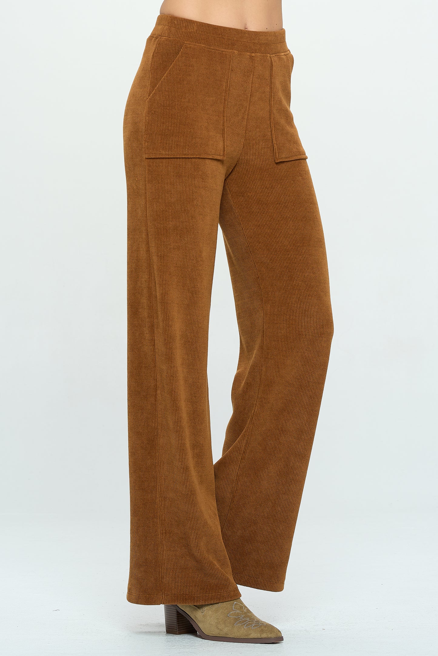 Patch Pocket Wide Leg Ribbed Corduroy Pants - Copper