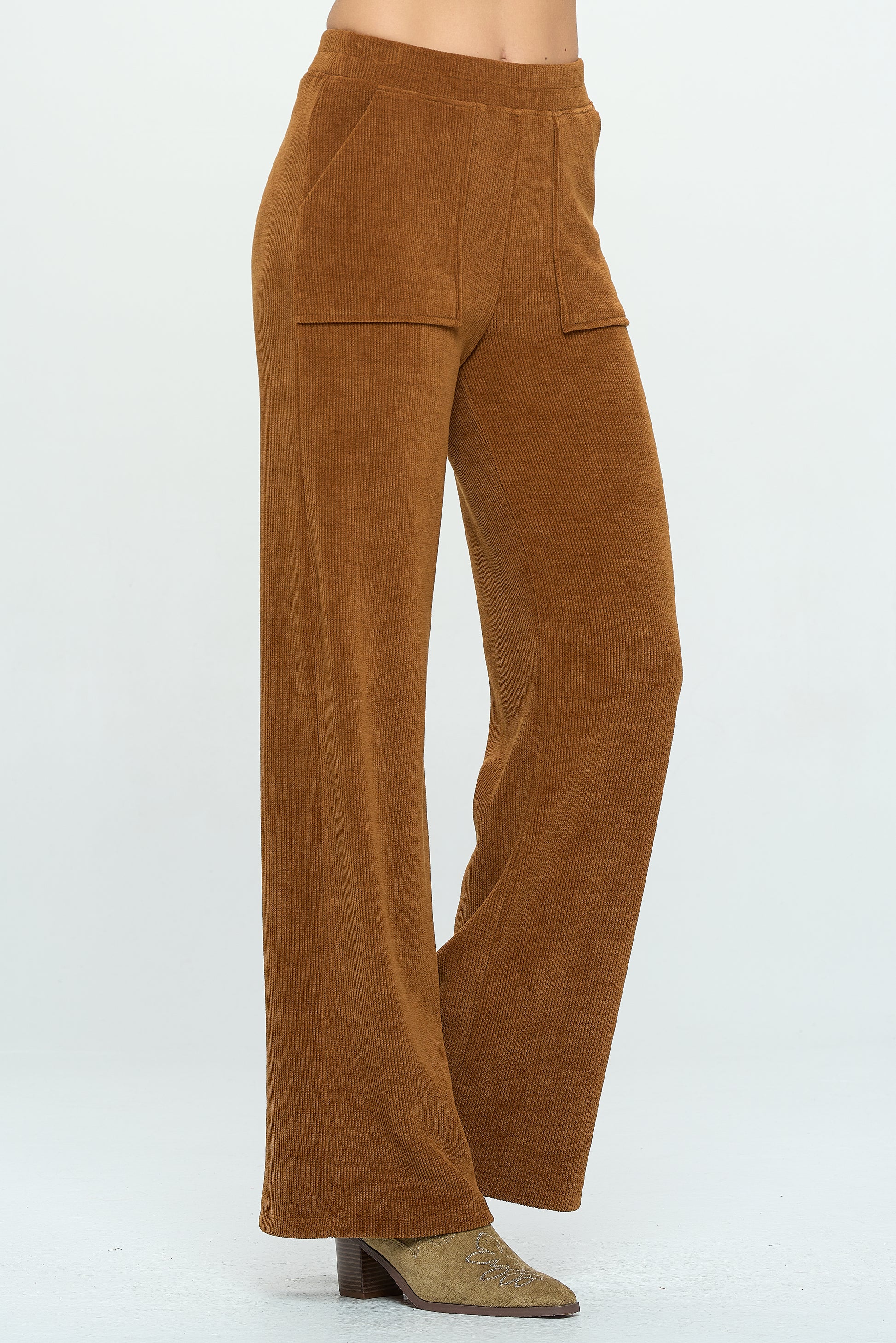 Patch Pocket Wide Leg Ribbed Corduroy Pants - Copper