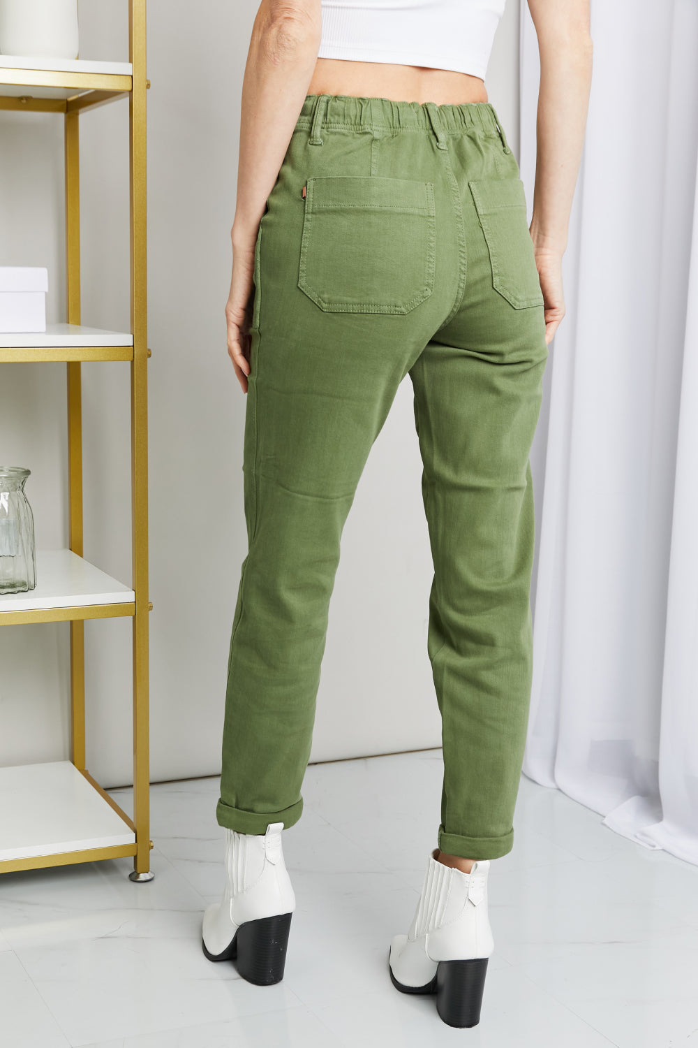 Drawstring Waist Patch Pocket Jeans - Olive