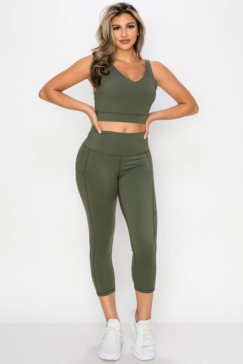 Buttery Soft High Waisted Capri Leggings with Pockets - Army Green