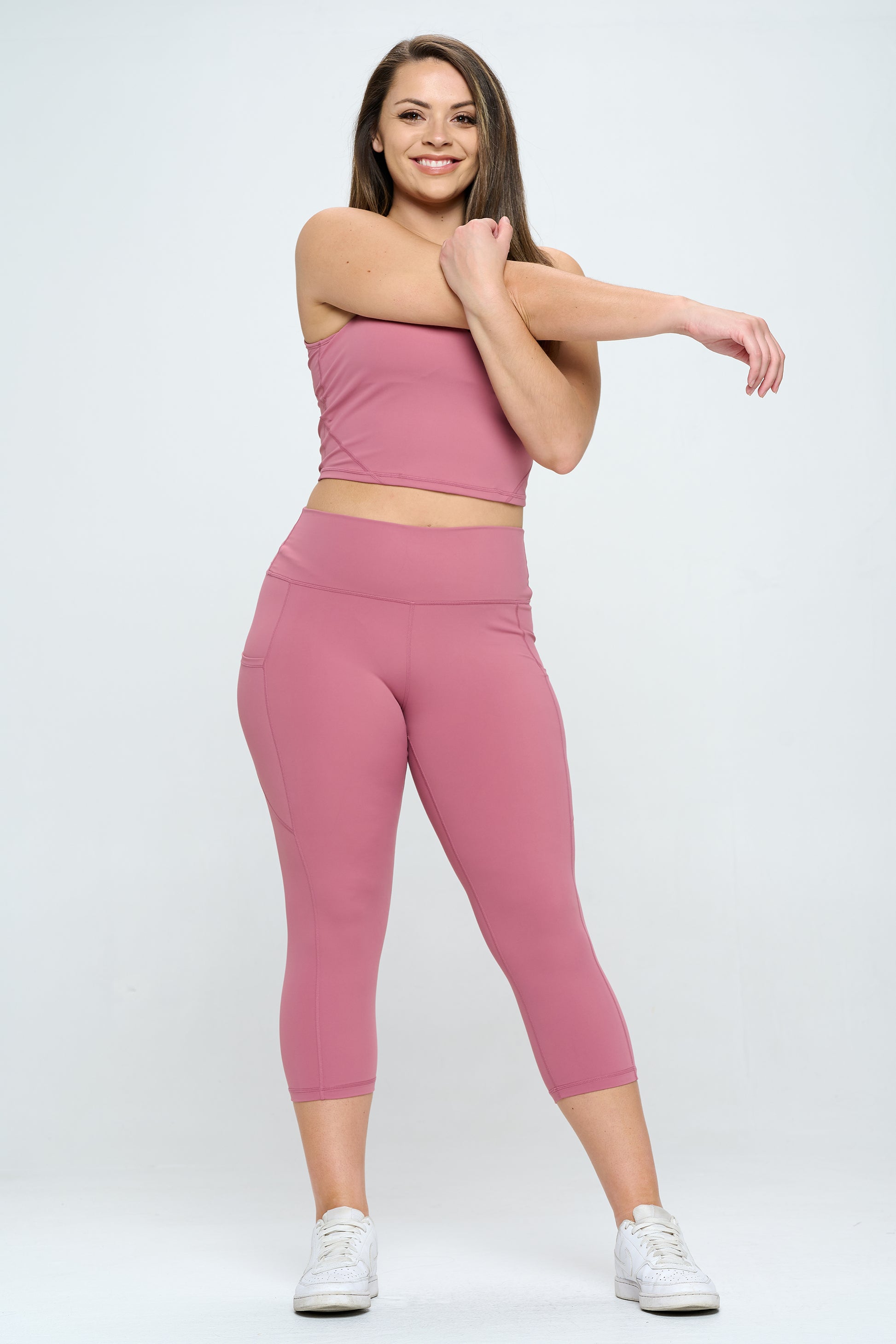 Buttery Soft High Waisted Capri Leggings with Pockets - Dusty Rose