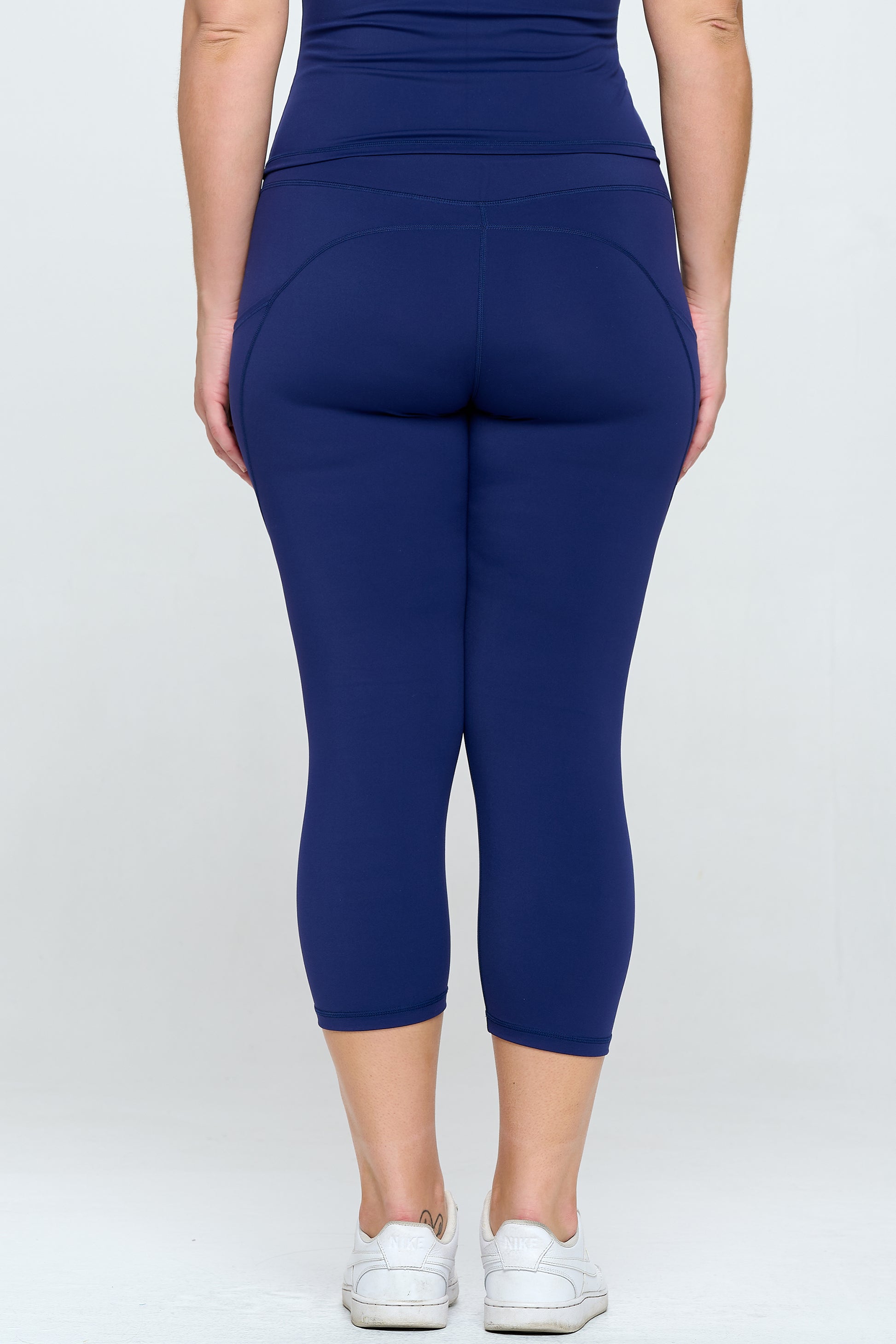 Buttery Soft High Waisted Capri Leggings with Pockets - Navy Blue