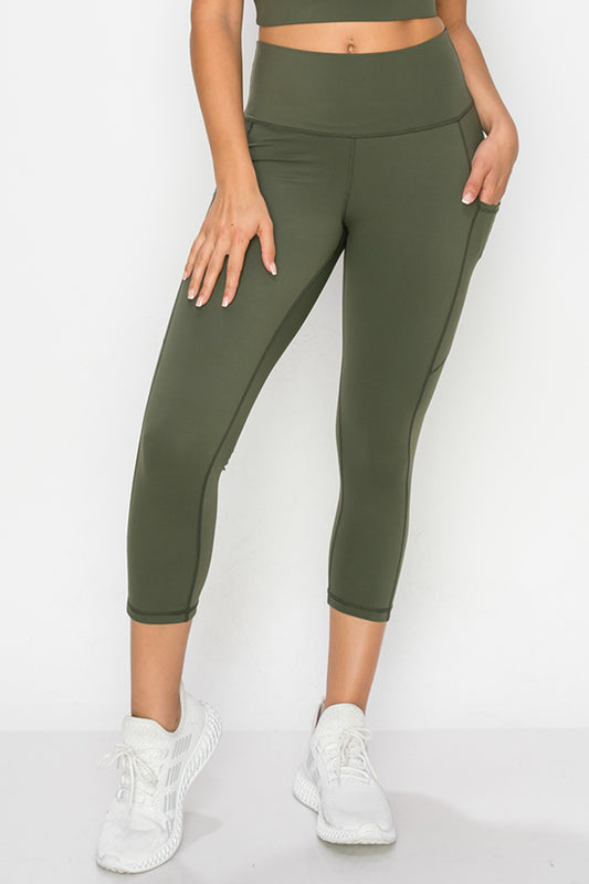 Buttery Soft High Waisted Capri Leggings with Pockets - Army Green