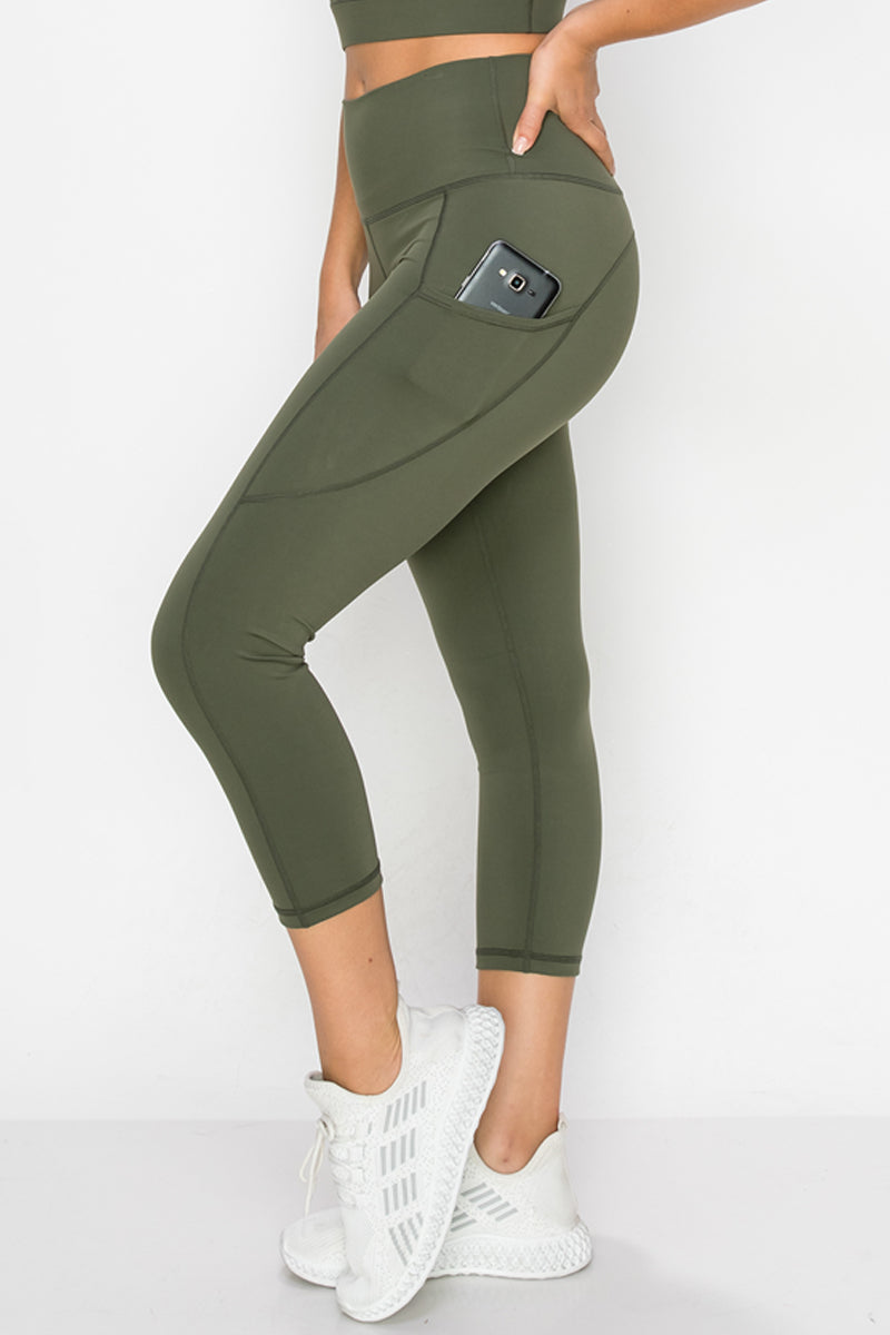 Buttery Soft High Waisted Capri Leggings with Pockets - Army Green
