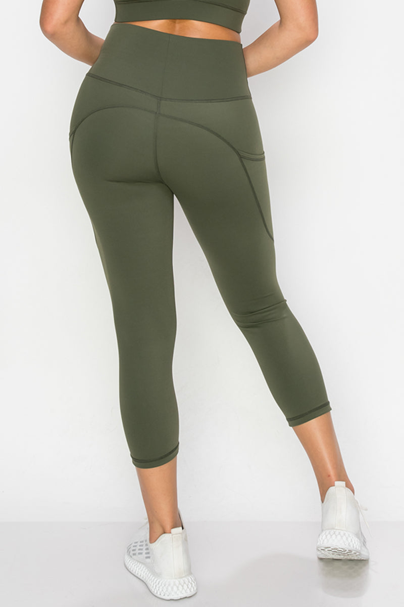 Buttery Soft High Waisted Capri Leggings with Pockets - Army Green