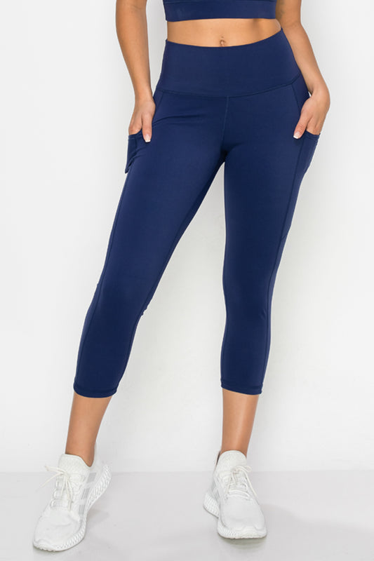 Buttery Soft High Waisted Capri Leggings with Pockets - Navy Blue