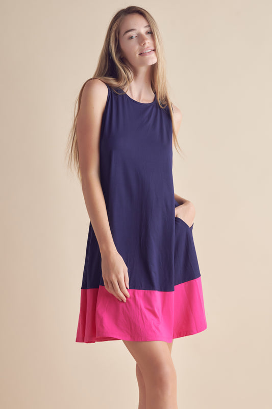 Colorblocked Hem Tank Dress - Navy/Fuchsia